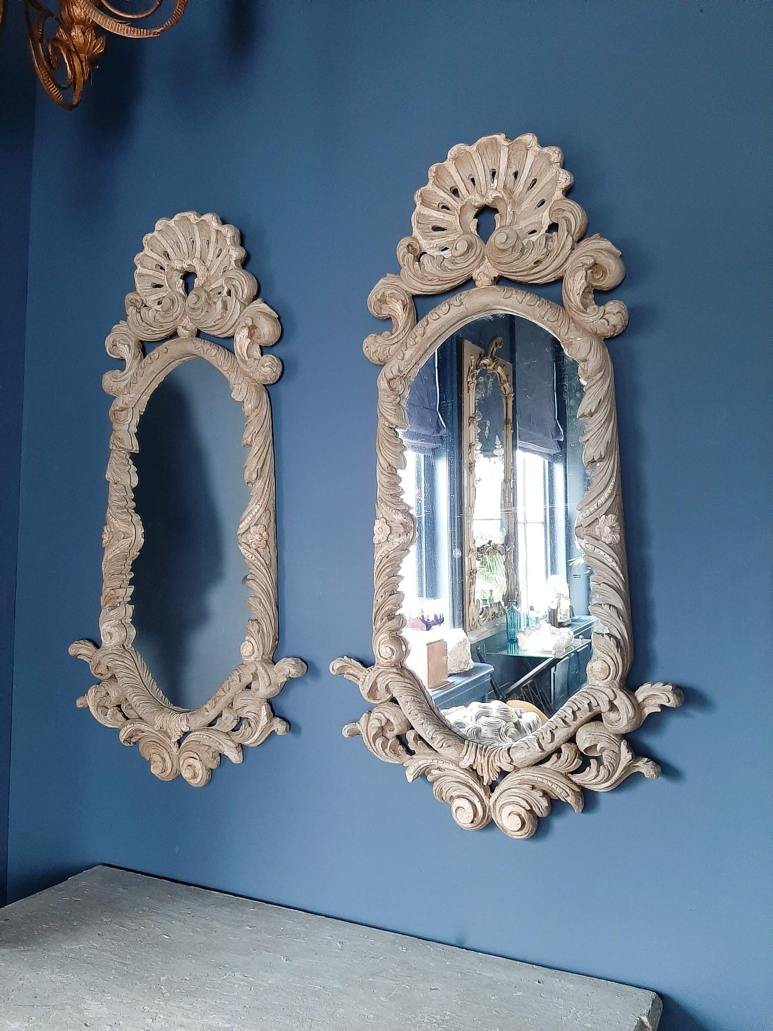 Patinated Pair of 19th Century Italian Carved Wood Mirrors with a Light Green Gray Patina