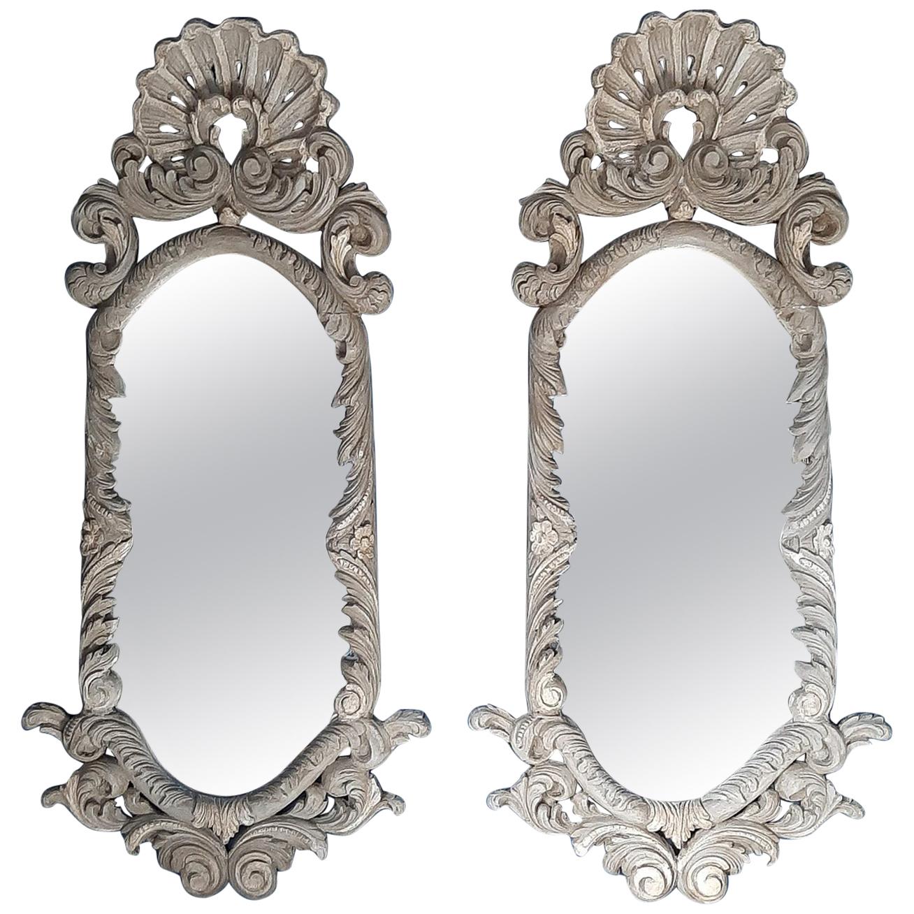 Pair of 19th Century Italian Carved Wood Mirrors with a Light Green Gray Patina