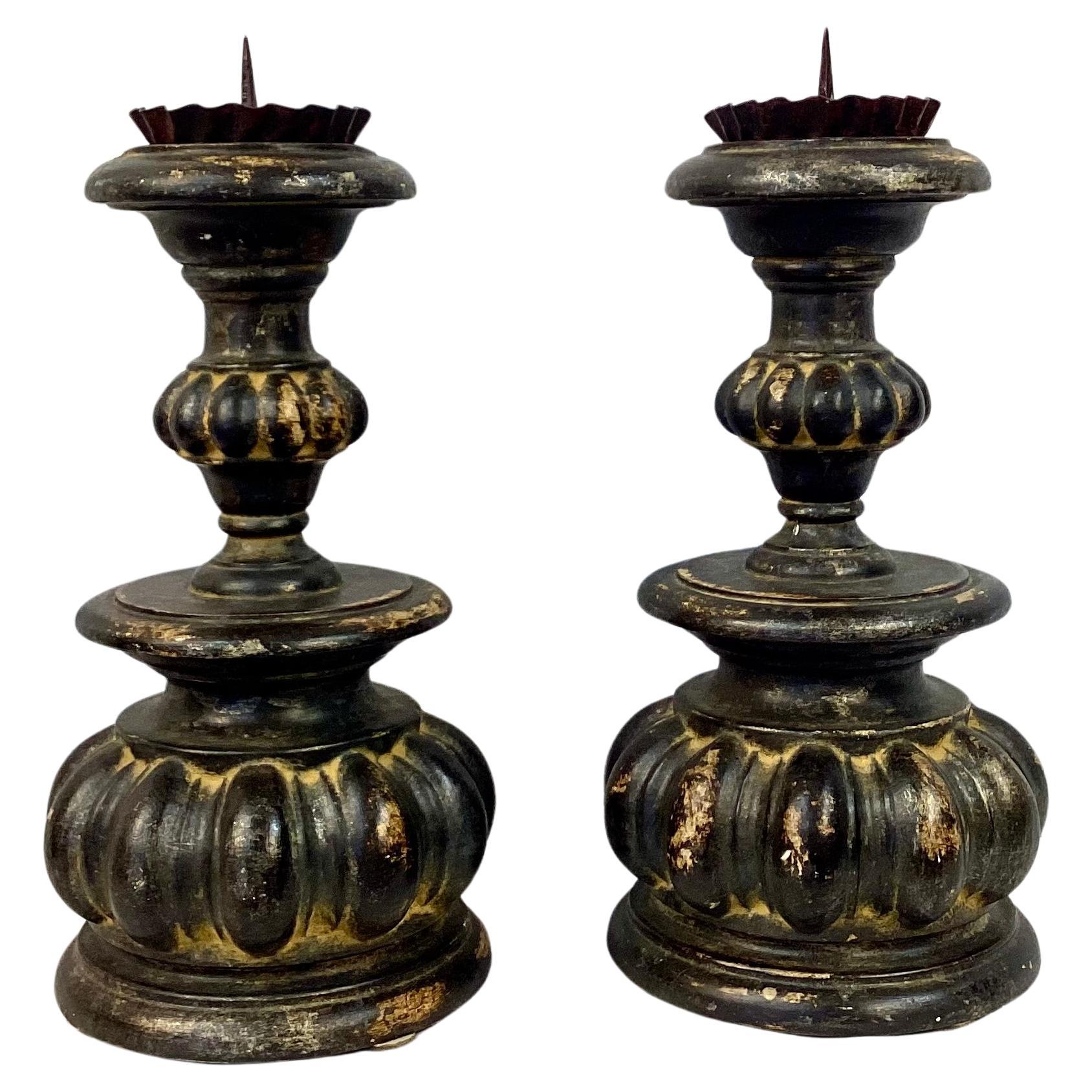 Pair Of 19th Century Italian Carved Wooden Candleholders For Sale