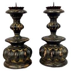 Antique Pair Of 19th Century Italian Carved Wooden Candleholders