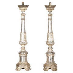 Antique Pair of 19th Century Italian Carved Wooden Candlesticks