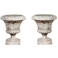 Pair of 19th Century Italian Cast Stone Garden Urns with Acanthus Leaves Motifs
