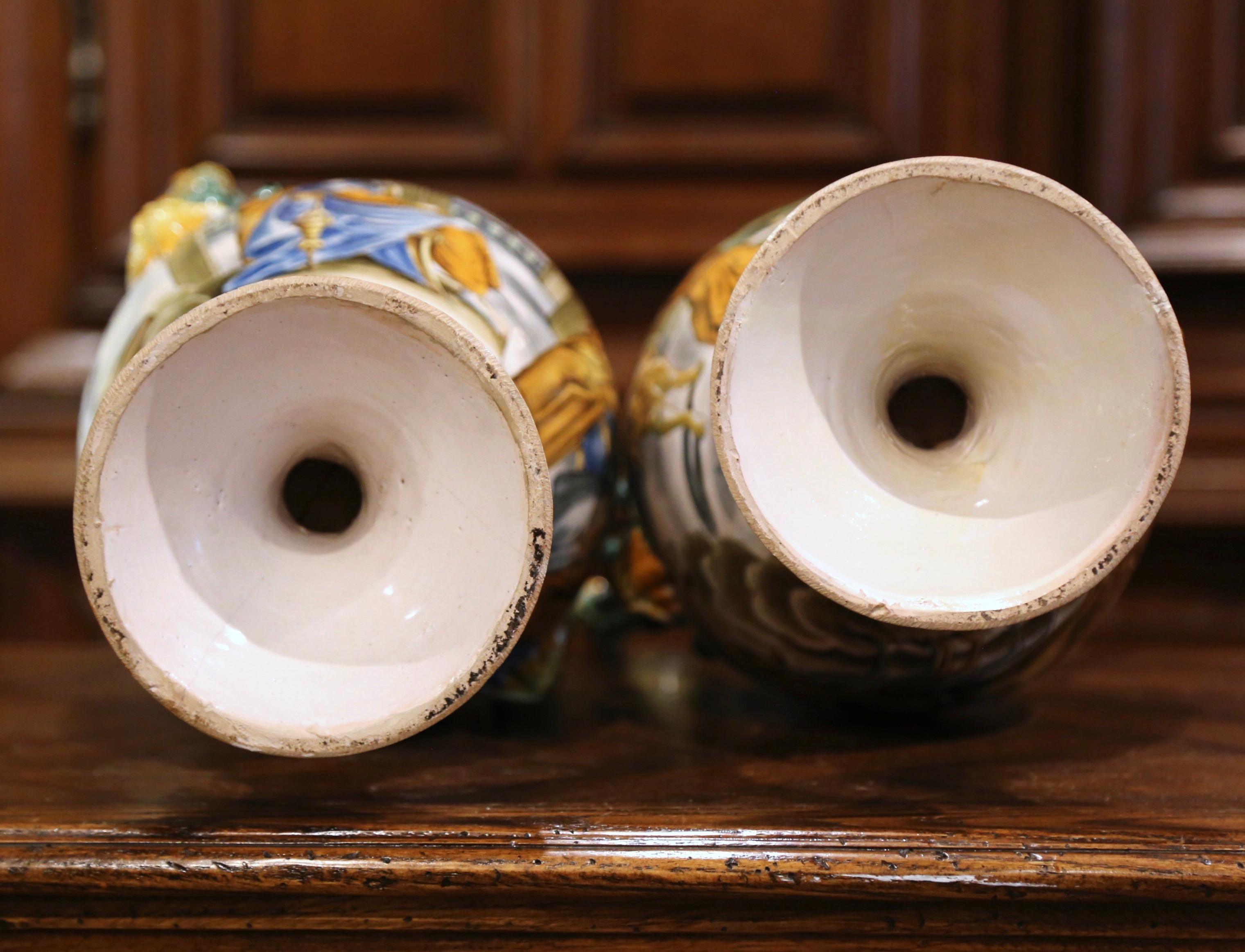 Pair of 19th Century Italian Classical Painted Majolica Vases with Roman Scenes 7