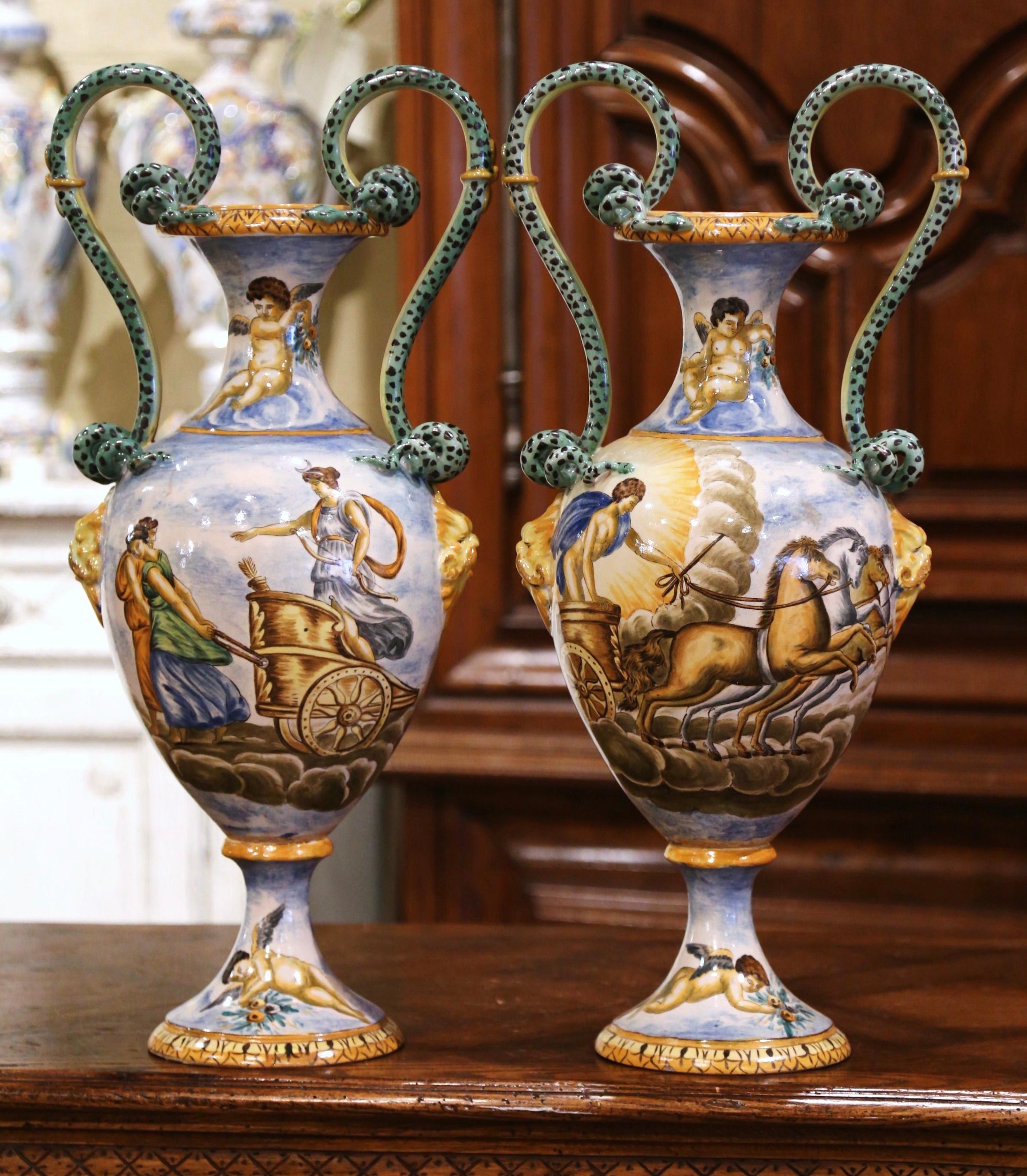 Classical Roman Pair of 19th Century Italian Classical Painted Majolica Vases with Roman Scenes