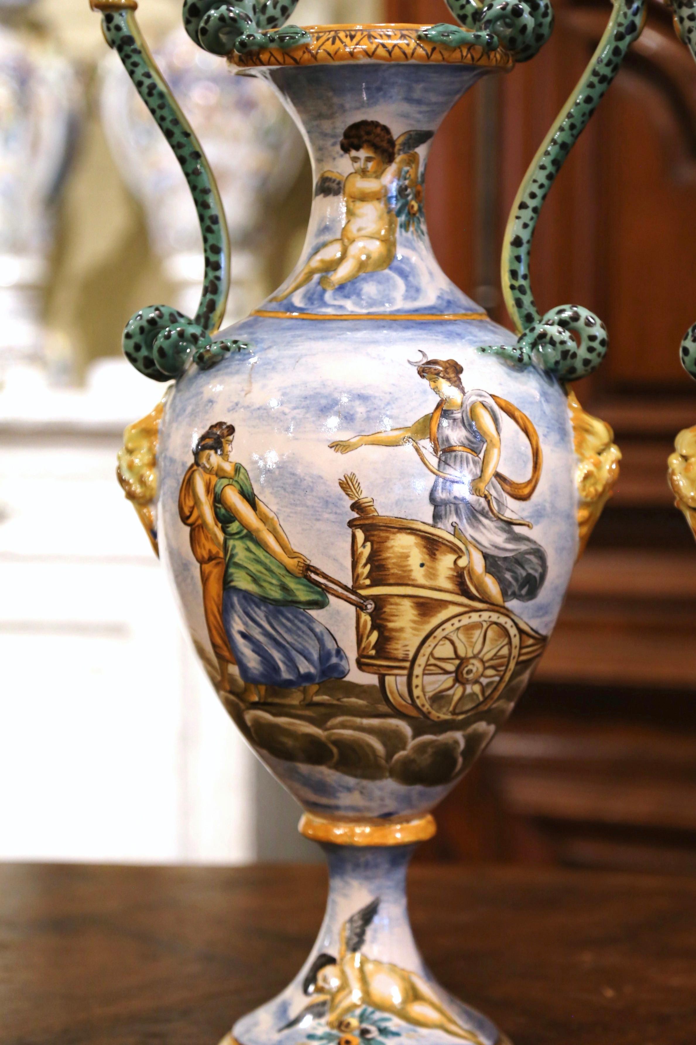 Hand-Crafted Pair of 19th Century Italian Classical Painted Majolica Vases with Roman Scenes