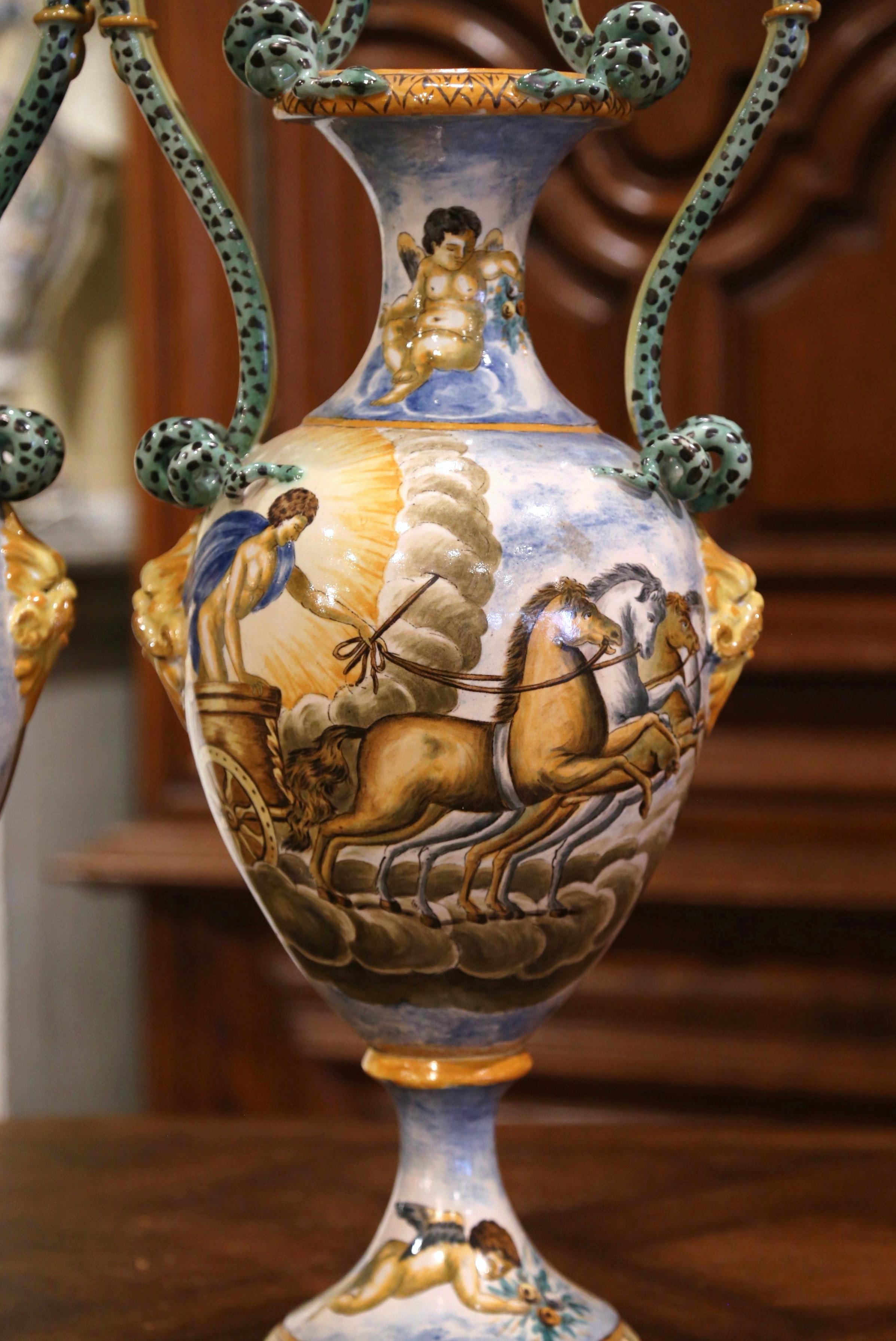 Pair of 19th Century Italian Classical Painted Majolica Vases with Roman Scenes In Good Condition In Dallas, TX
