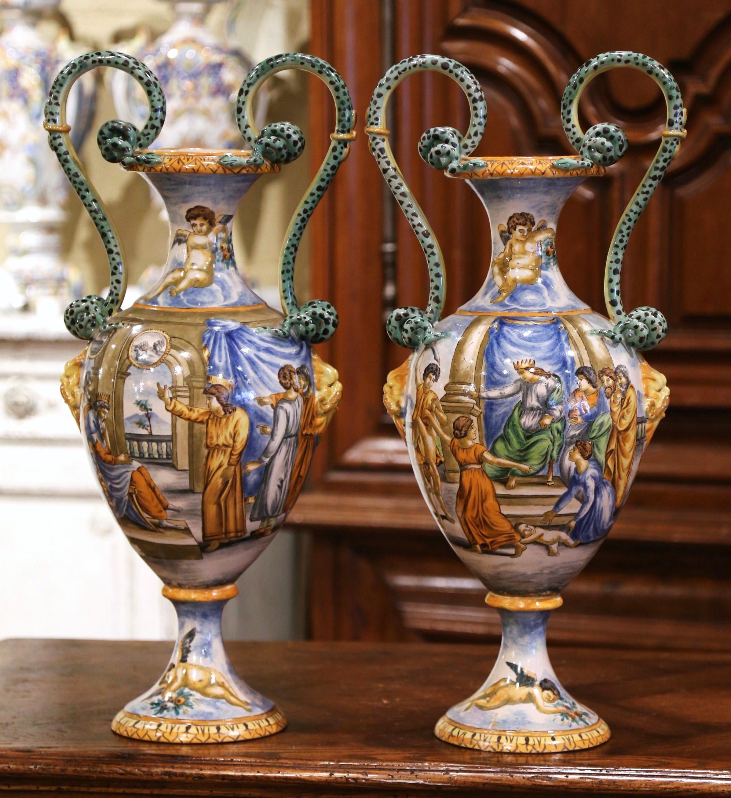 Ceramic Pair of 19th Century Italian Classical Painted Majolica Vases with Roman Scenes