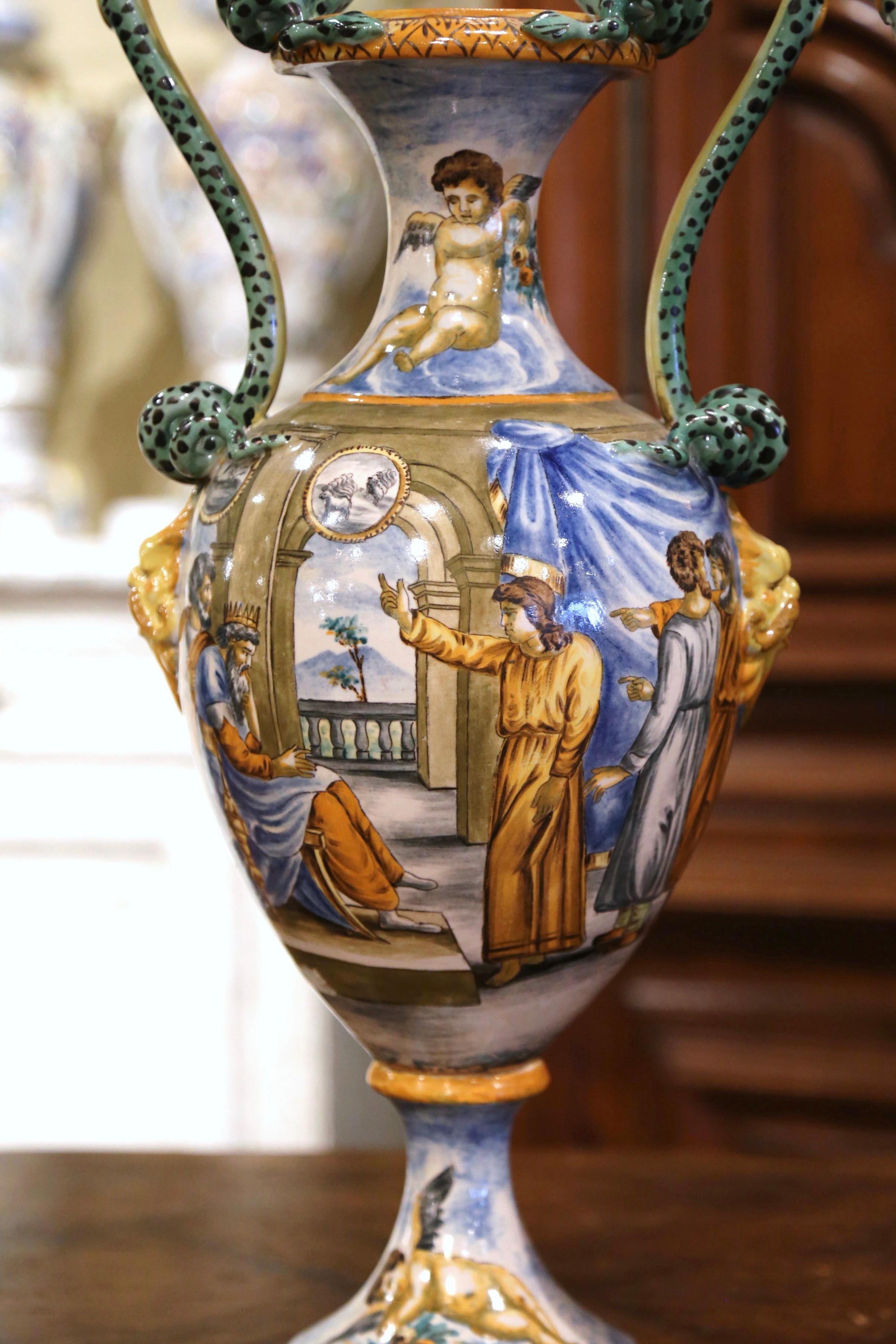 Pair of 19th Century Italian Classical Painted Majolica Vases with Roman Scenes 1