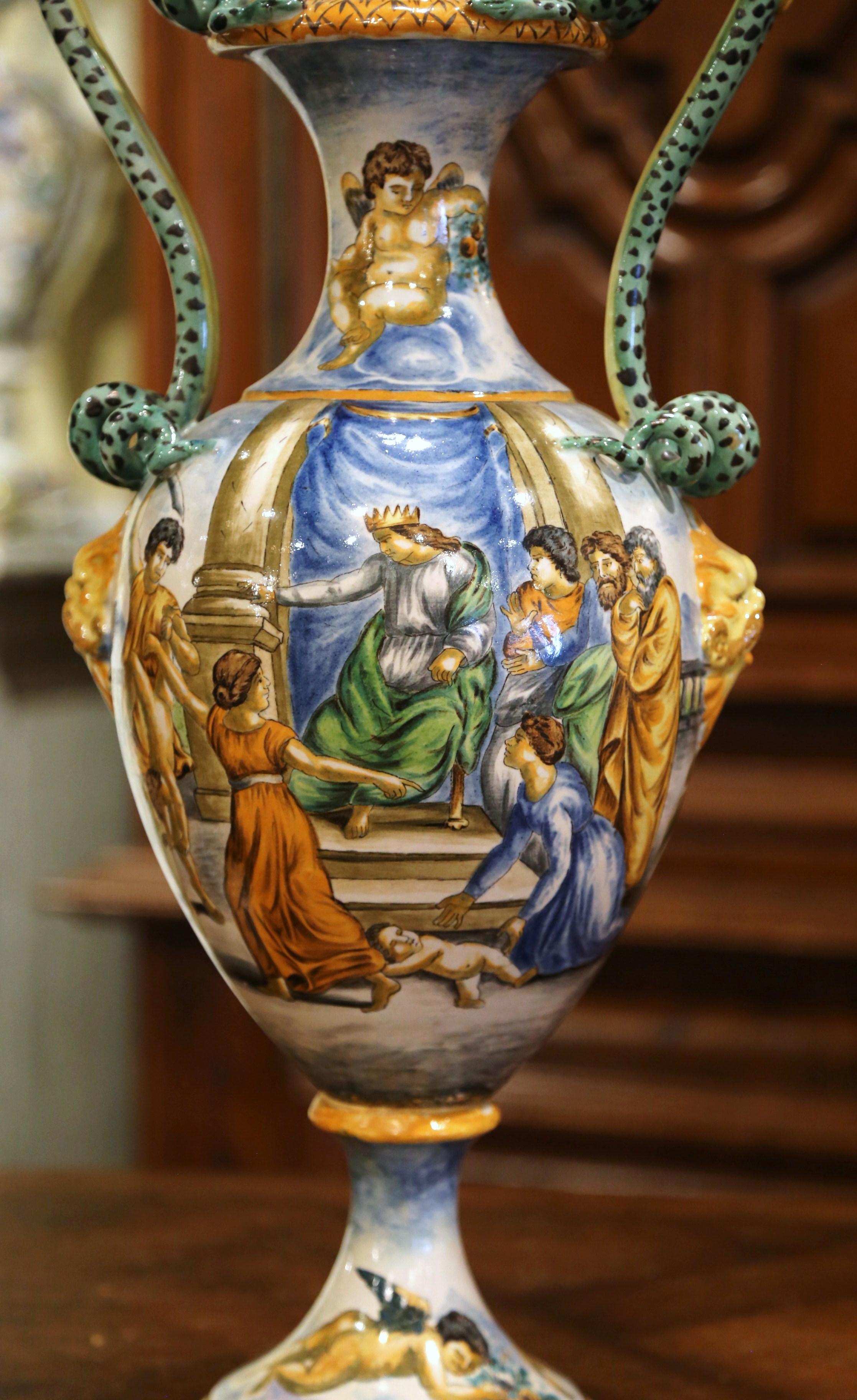 Pair of 19th Century Italian Classical Painted Majolica Vases with Roman Scenes 2