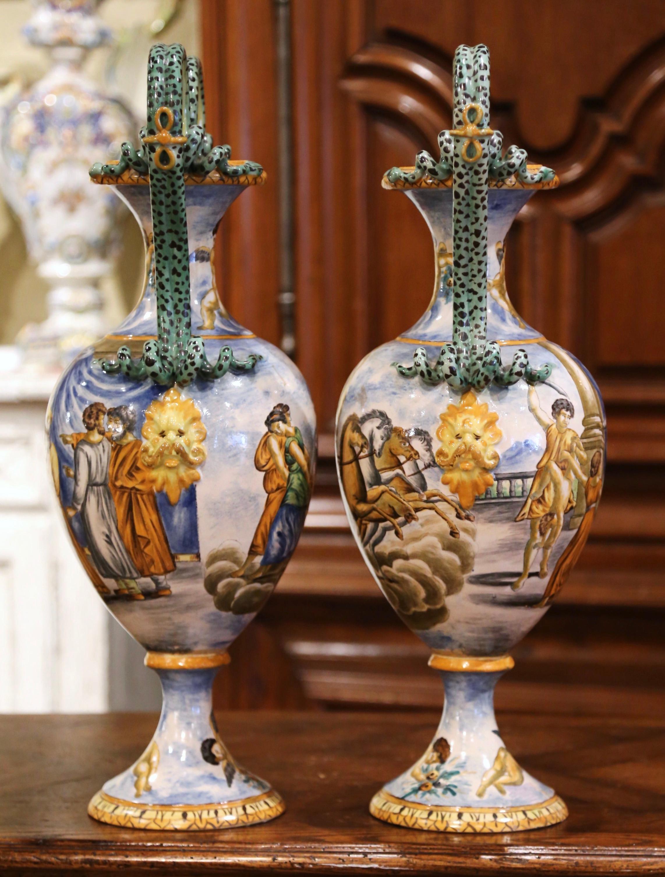 Pair of 19th Century Italian Classical Painted Majolica Vases with Roman Scenes 3
