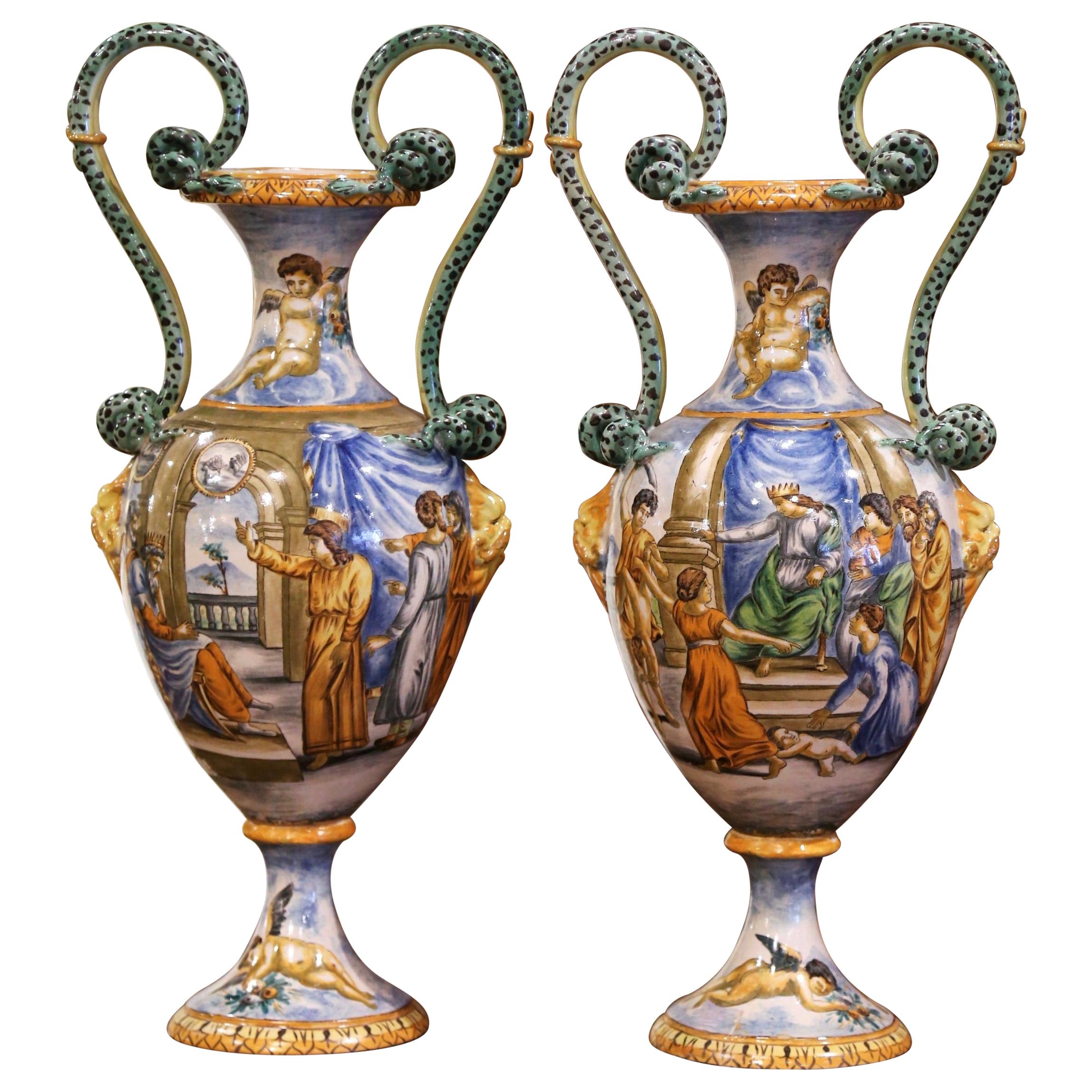 Pair of 19th Century Italian Classical Painted Majolica Vases with Roman Scenes