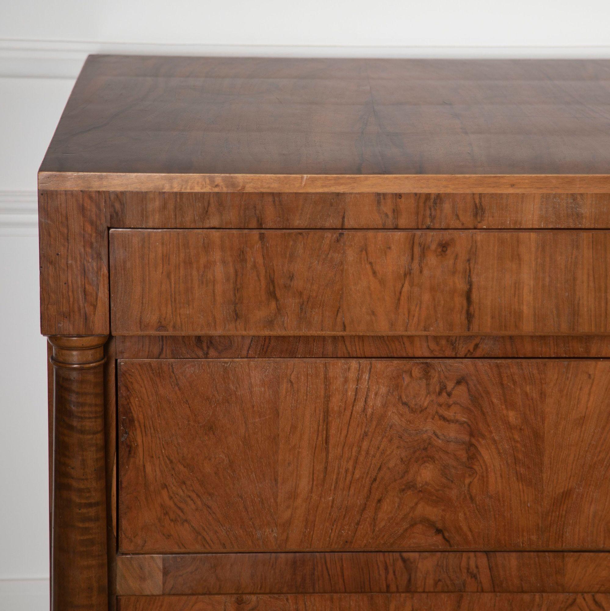 Pair of 19th century Italian commodes.
A pair of fine 19th century walnut commodes of Italian origin, the top drawer over two further drawers flanked by pilasters supported on short legs terminating in claw and ball feet.
The walnut is of