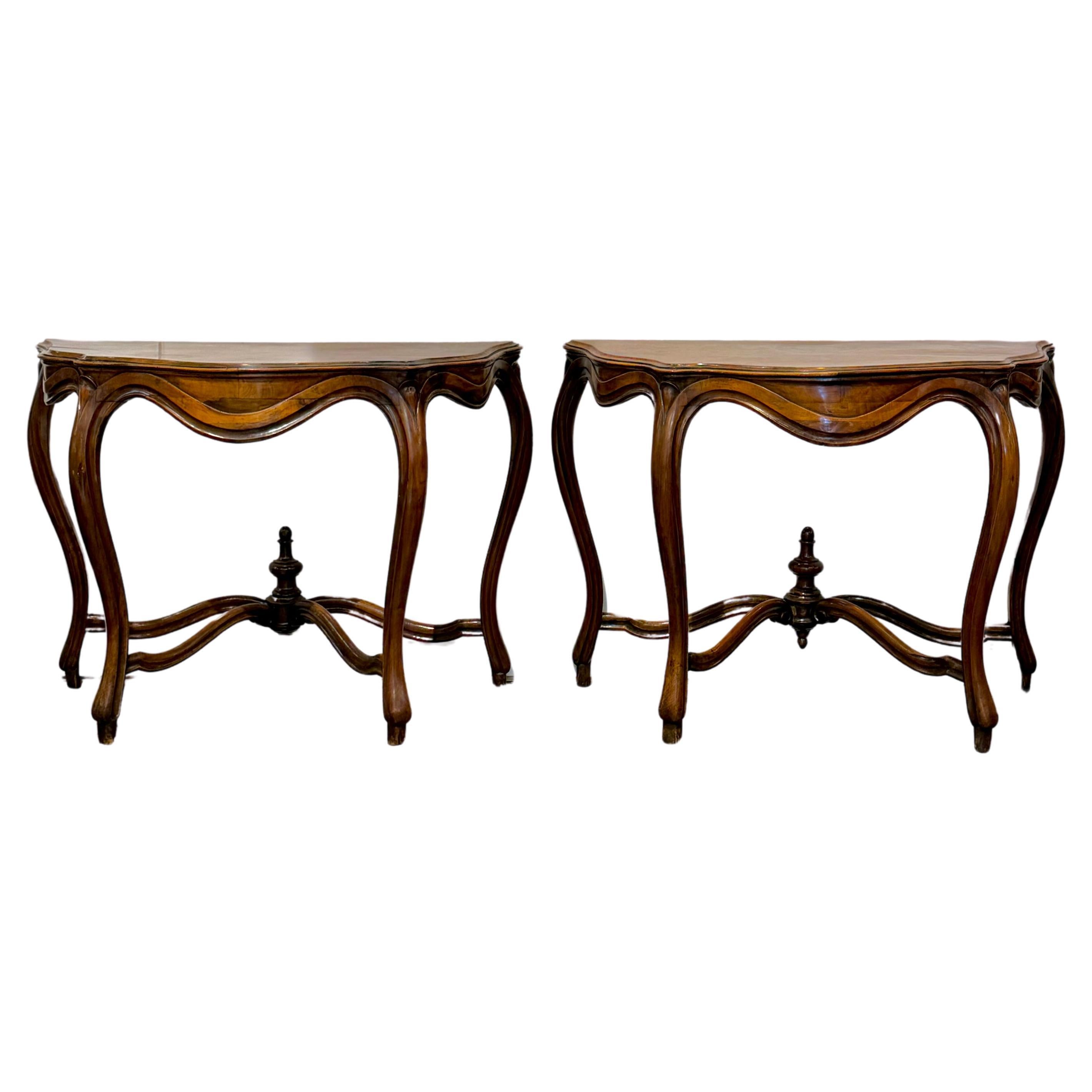 Pair of 19th Century Italian Console Tables of Walnut 