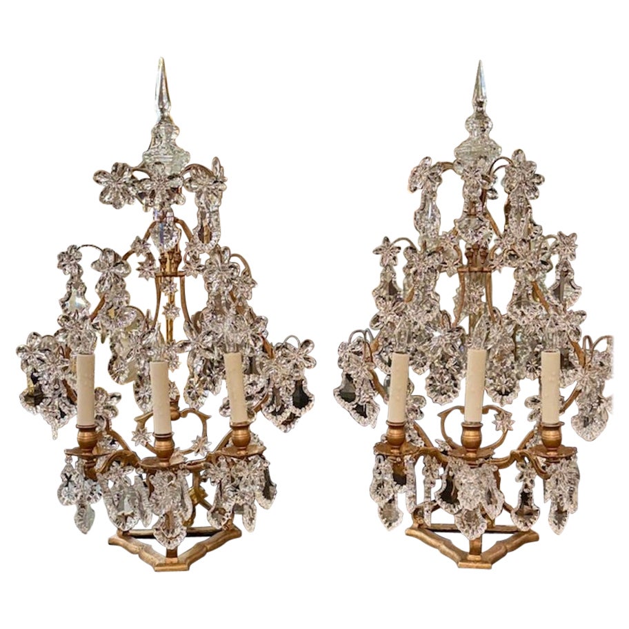 Pair of 19th Century Italian Crystal and Gilt Iron Girandoles