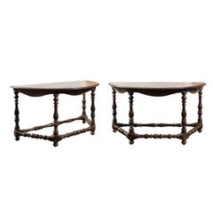 Pair of 19th Century Italian Demilune Tables with Carved Décor and Turned Base
