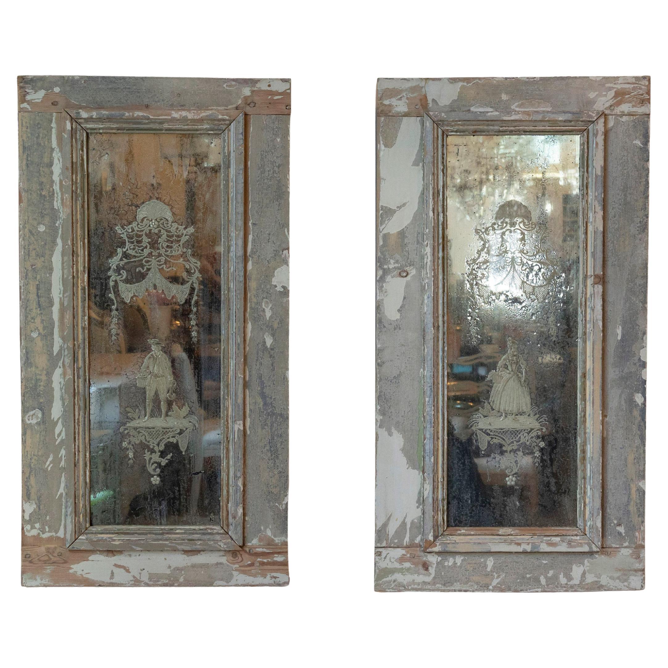 Pair of 19th Century Italian Engraved Mirrors with Original Paint
