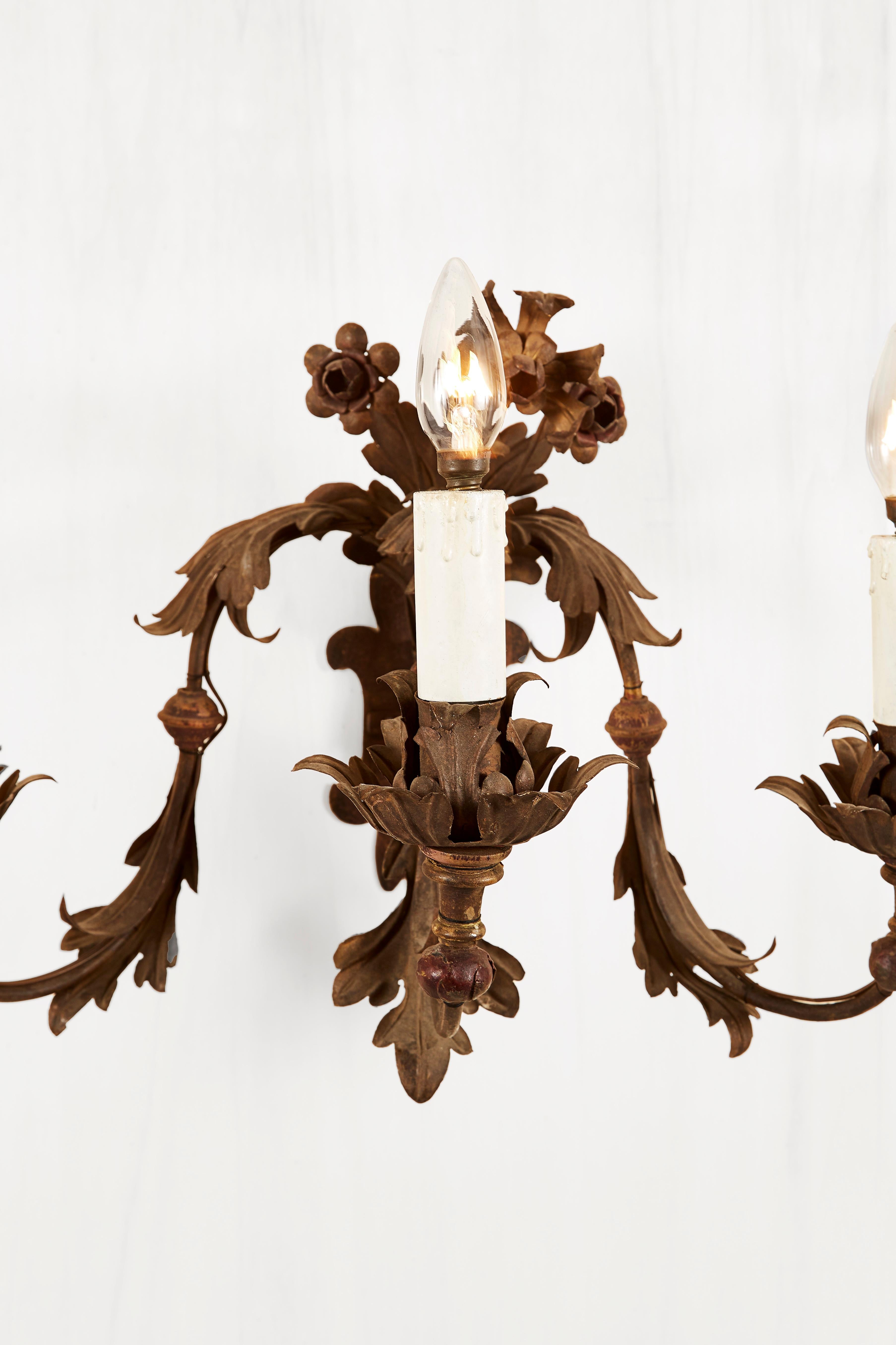 Art Nouveau Pair of 19th-Century Italian Floral Sconces Hand-Forged Wrought Iron Wall Lights