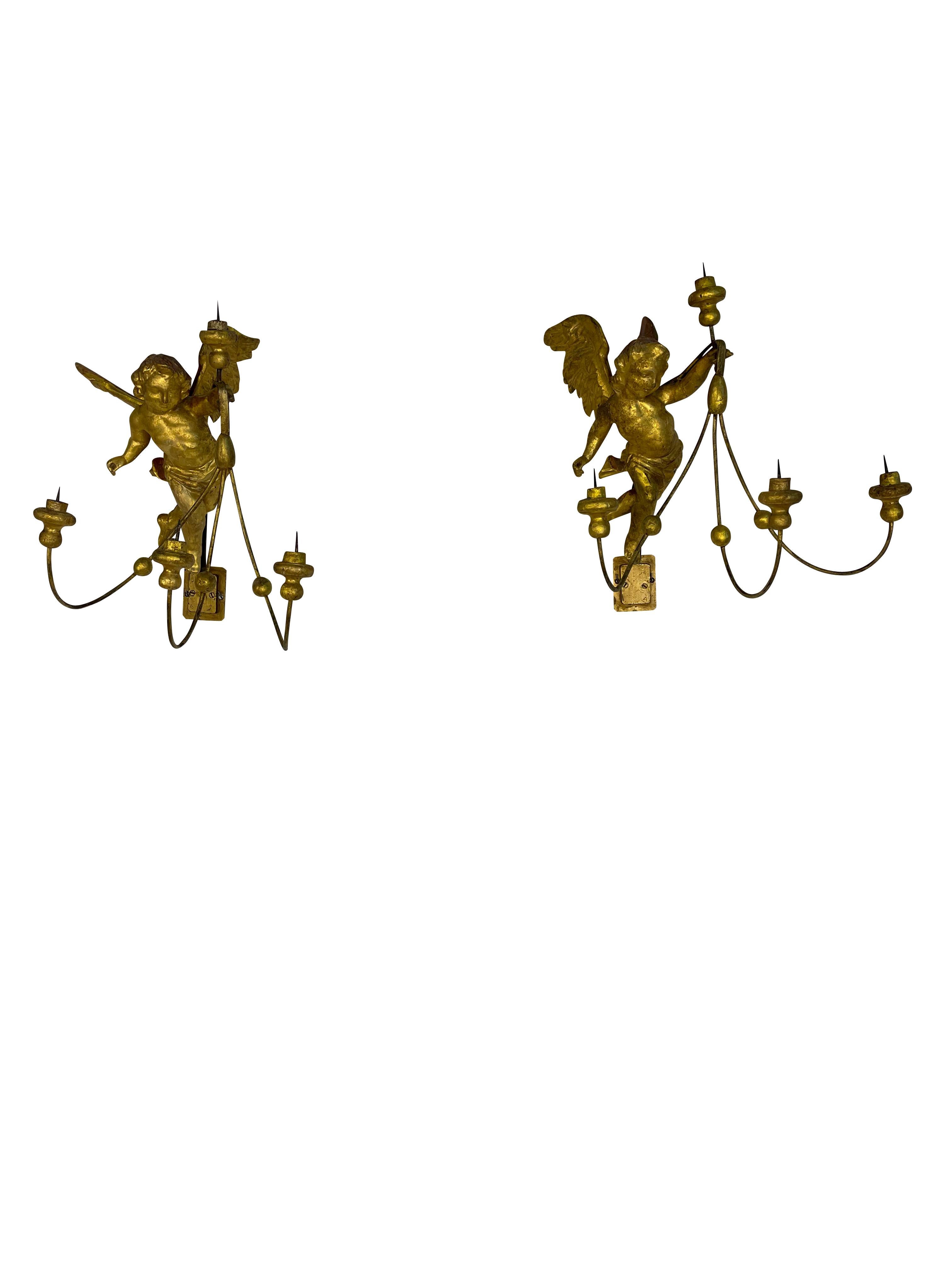 Pair of 19th Century Italian Gilt Winged Putti Candle Sconces  For Sale 6