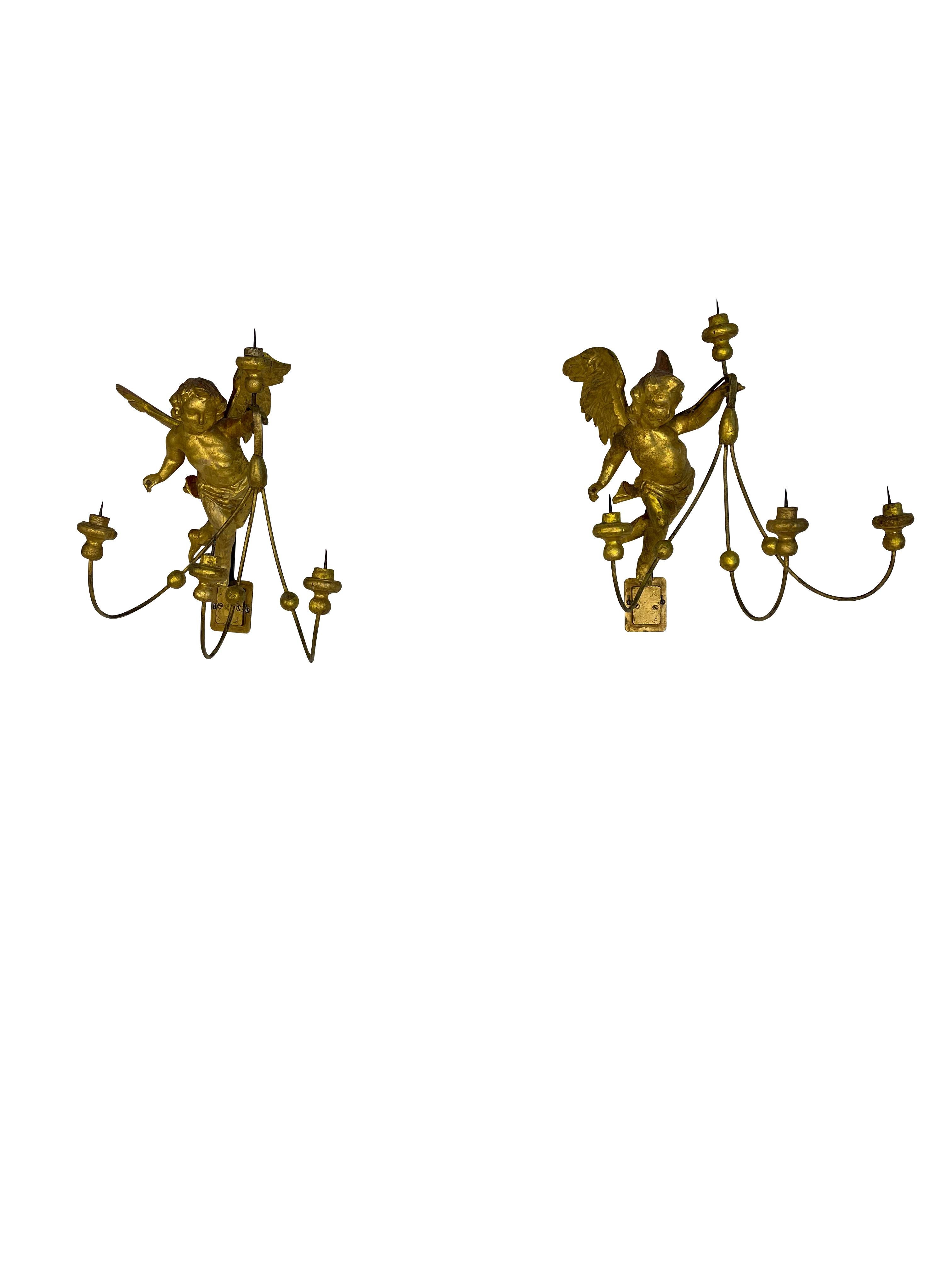 Pair of 19th Century Italian Gilt Winged Putti Candle Sconces  For Sale 7