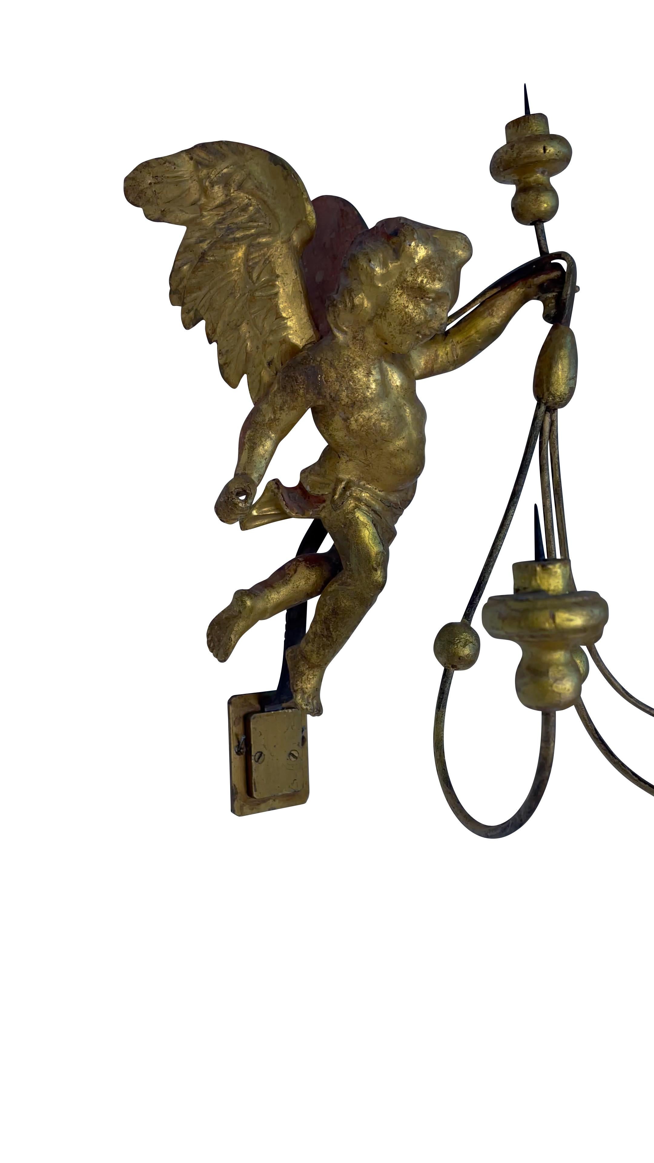 Pair of 19th Century Italian Gilt Winged Putti Candle Sconces  For Sale 8
