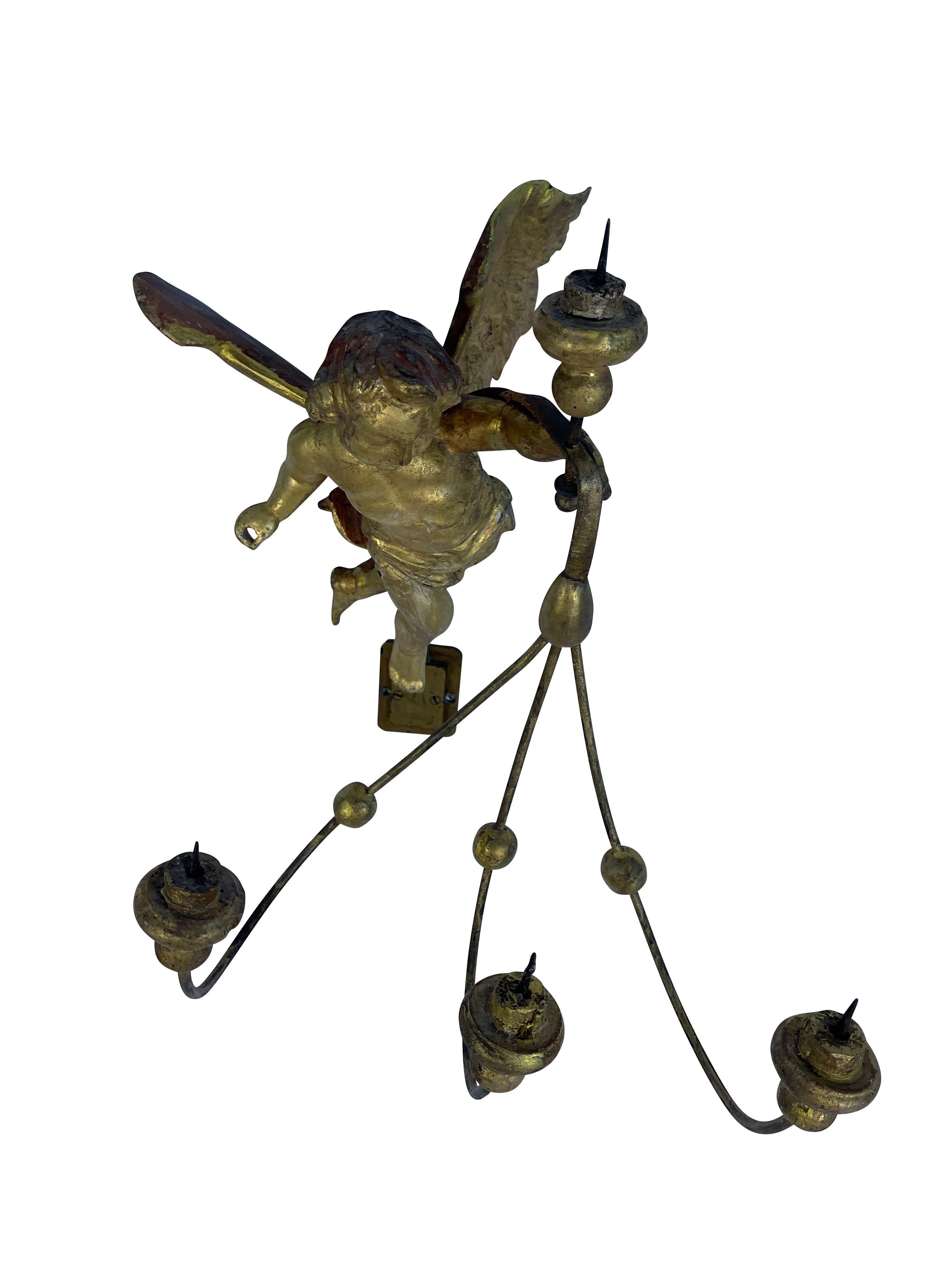 Pair of 19th Century Italian Gilt Winged Putti Candle Sconces  In Good Condition For Sale In Essex, MA