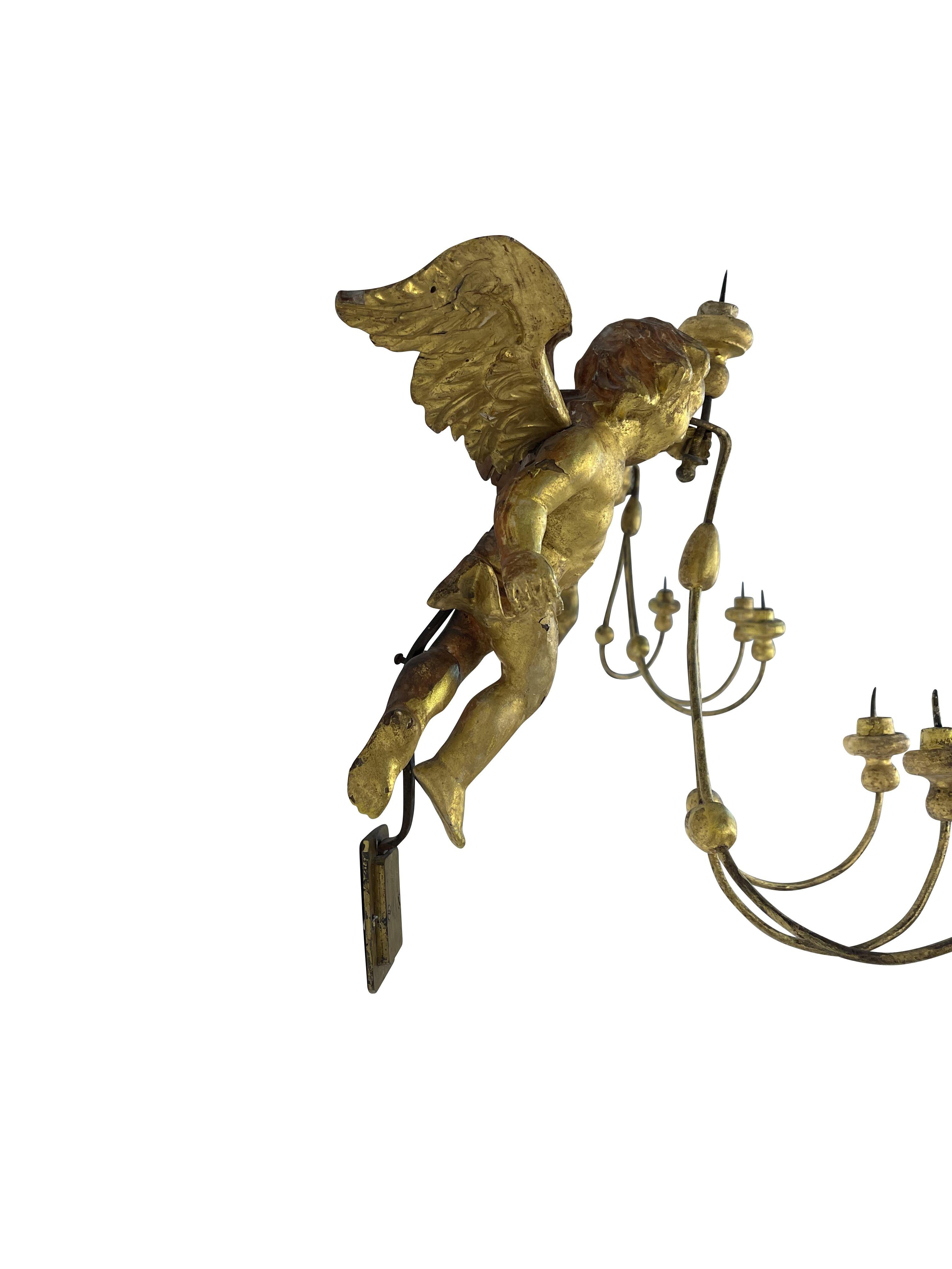 Metal Pair of 19th Century Italian Gilt Winged Putti Candle Sconces  For Sale