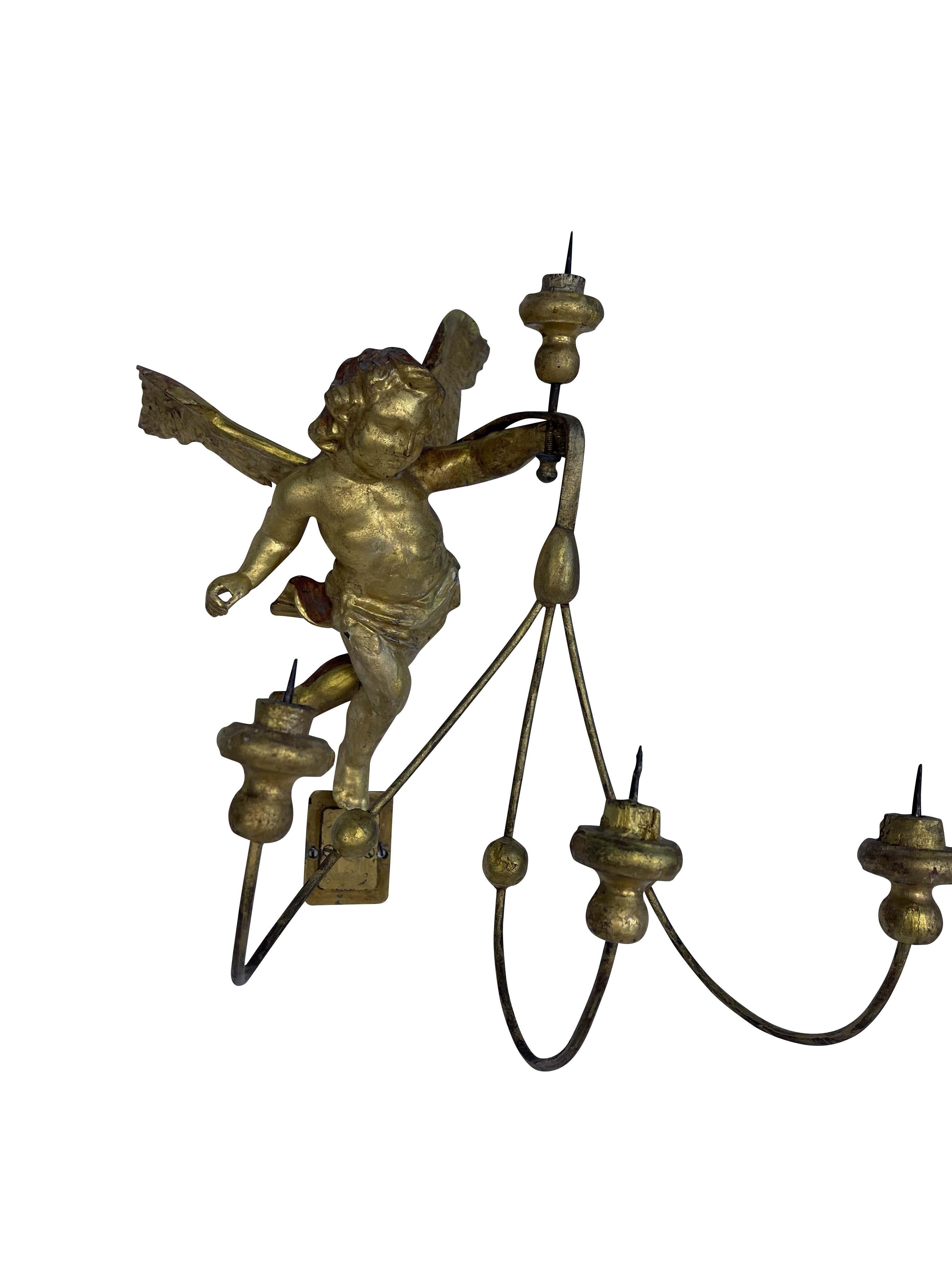 Pair of 19th Century Italian Gilt Winged Putti Candle Sconces  For Sale 1