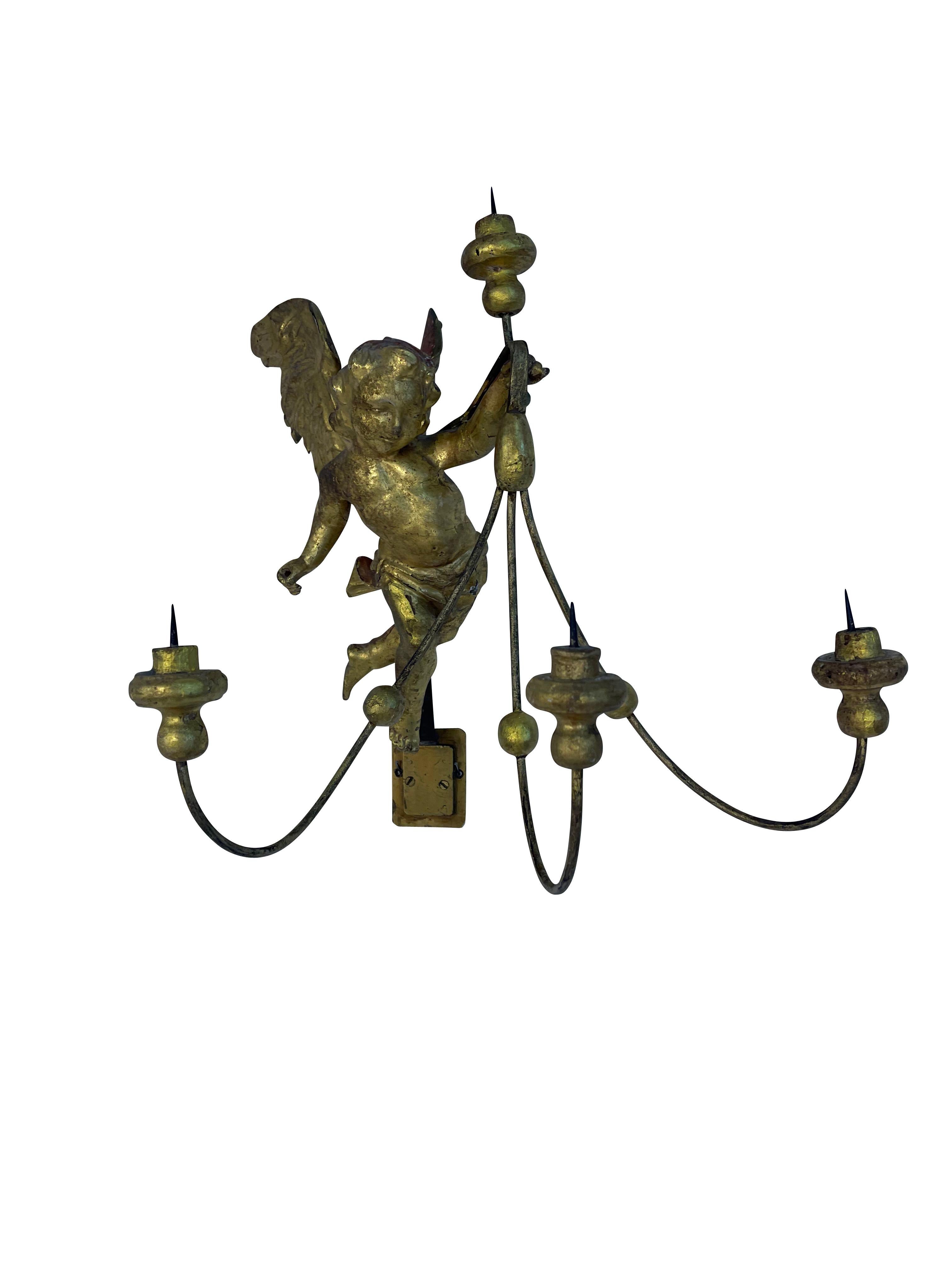 Pair of 19th Century Italian Gilt Winged Putti Candle Sconces  For Sale 2