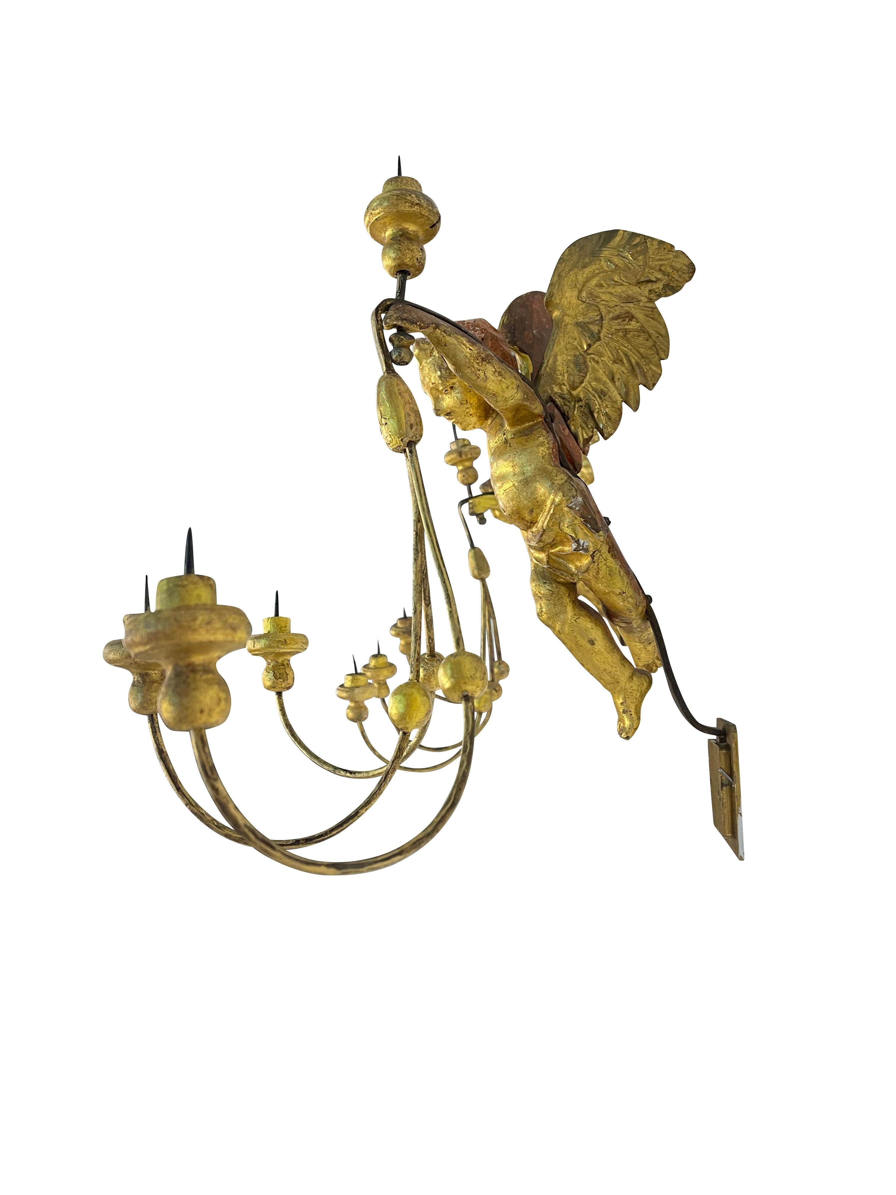 Pair of 19th Century Italian Gilt Winged Putti Candle Sconces  For Sale 3