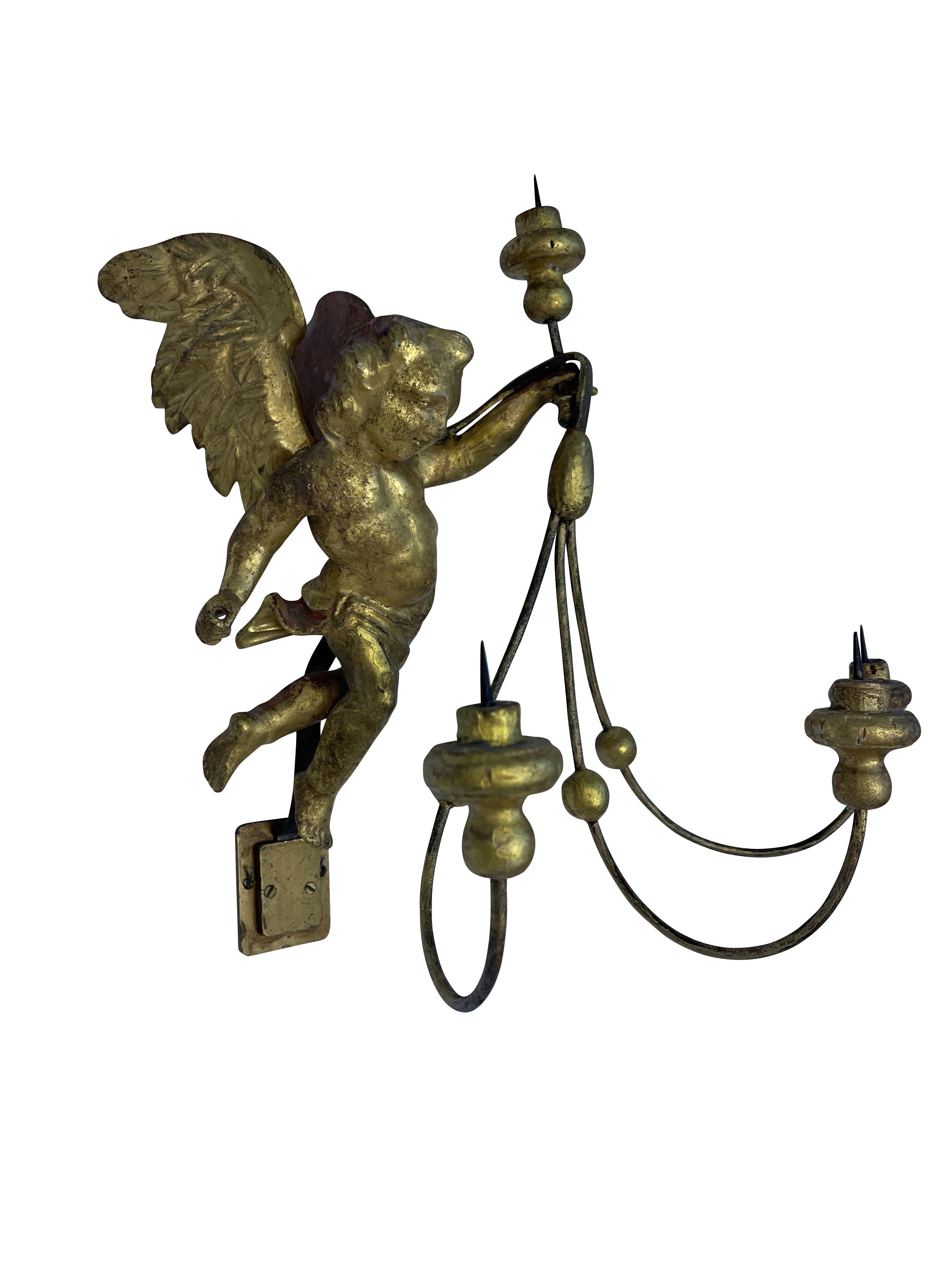 Pair of 19th Century Italian Gilt Winged Putti Candle Sconces  For Sale 4