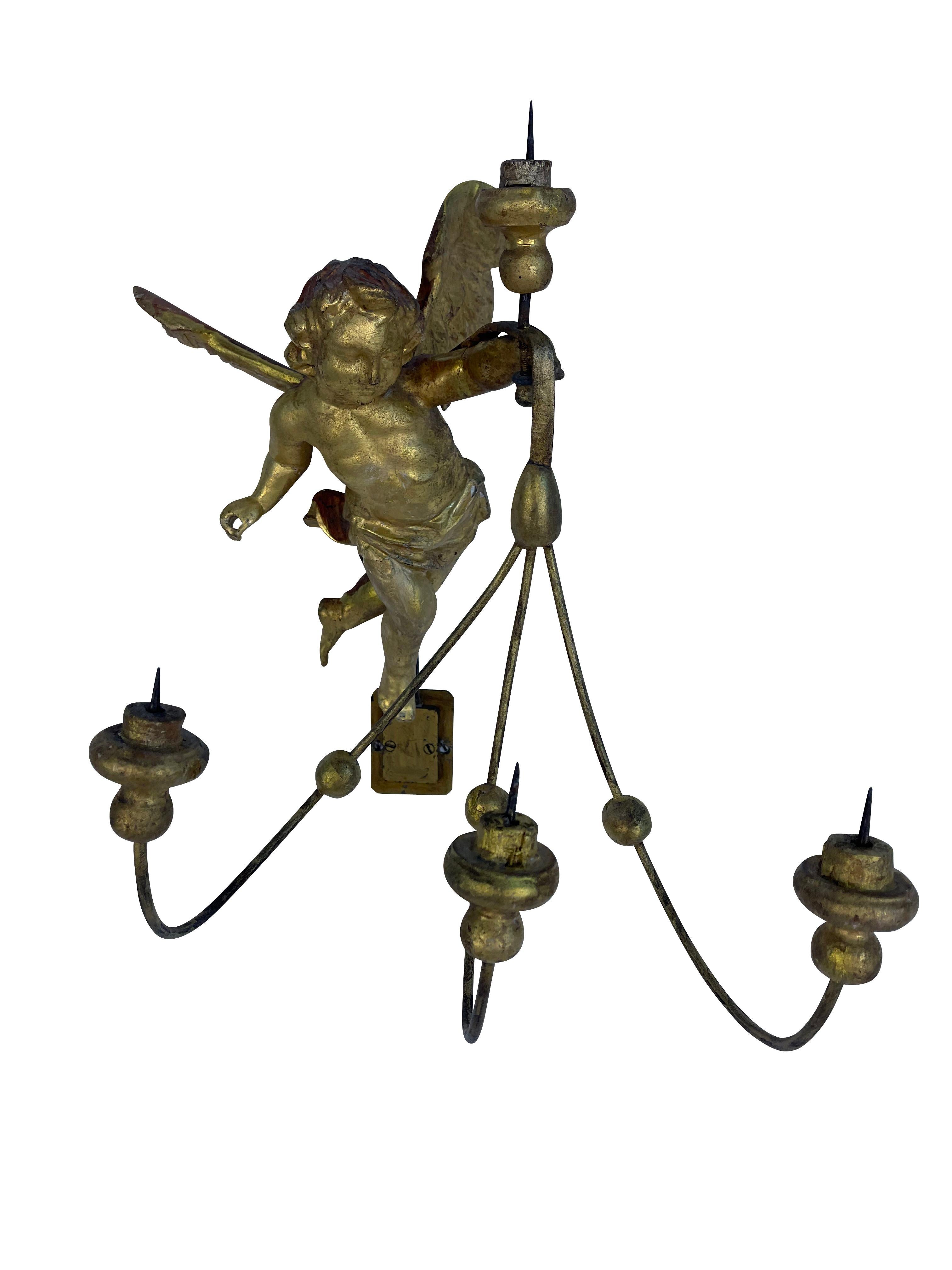 Pair of 19th Century Italian Gilt Winged Putti Candle Sconces  For Sale 5