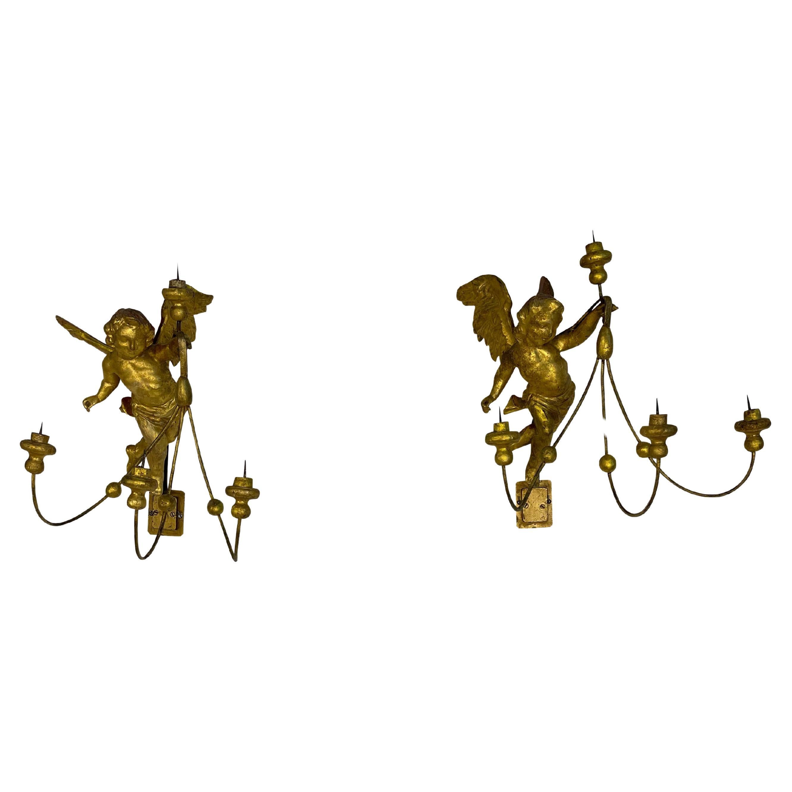 Pair of 19th Century Italian Gilt Winged Putti Candle Sconces 