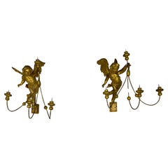 Pair of 19th Century Italian Gilt Winged Putti Candle Sconces 