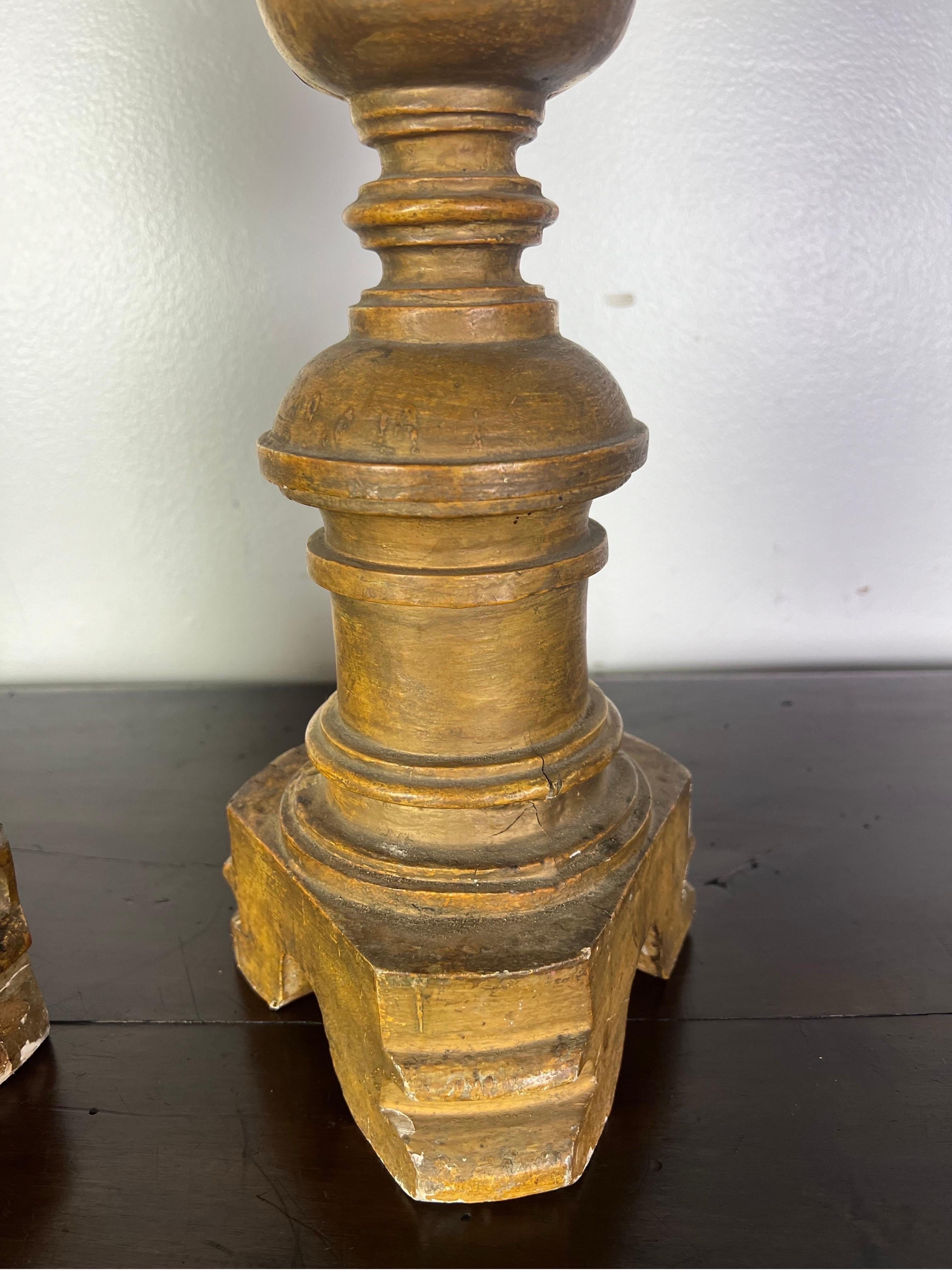 Pair of 19th-Century Italian Gilt Wood Candlesticks w/ Prickets For Sale 4