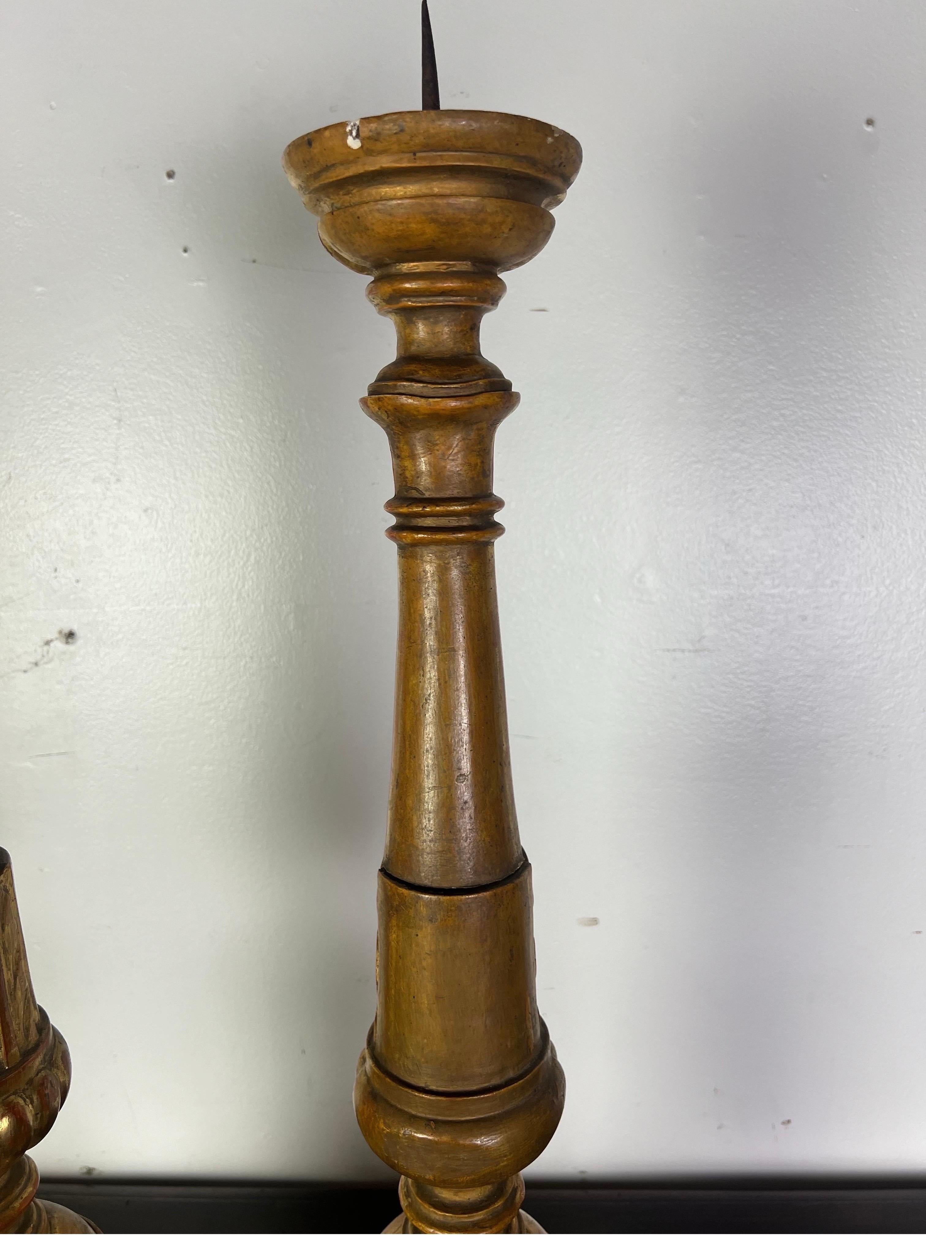 Pair of 19th-Century Italian Gilt Wood Candlesticks w/ Prickets For Sale 5