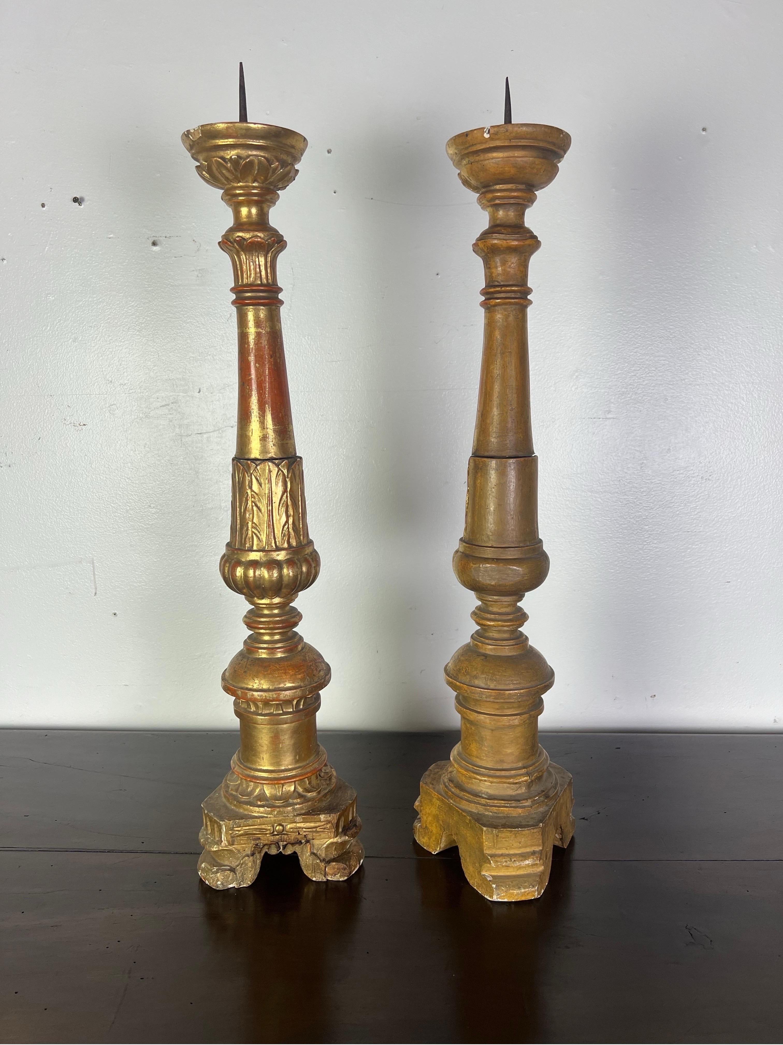 Pair of 19th-Century Italian Gilt Wood Candlesticks w/ Prickets For Sale 7