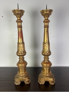 Pair of 19th-Century Italian Gilt Wood Candlesticks w/ Prickets