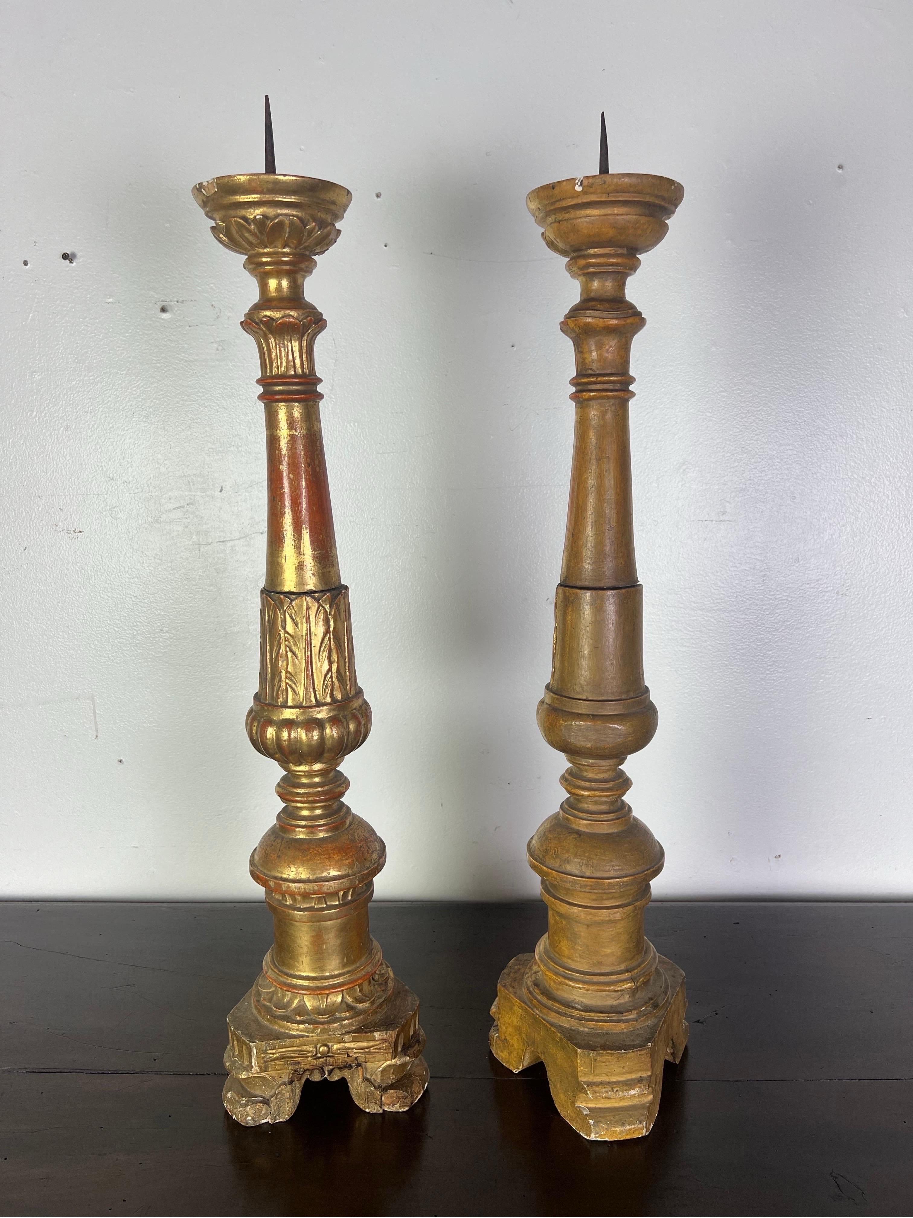 Baroque Pair of 19th-Century Italian Gilt Wood Candlesticks w/ Prickets For Sale
