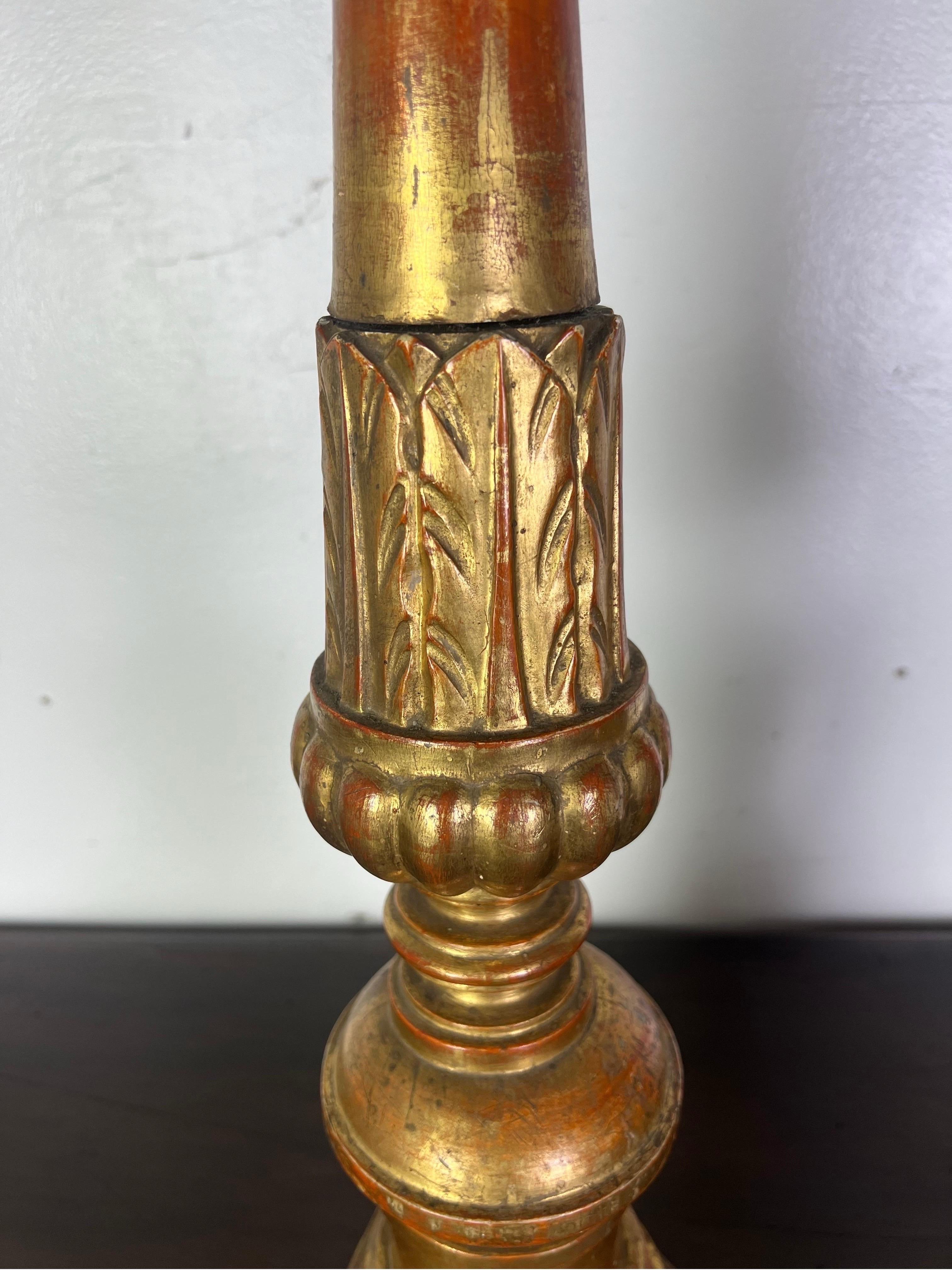 Pair of 19th-Century Italian Gilt Wood Candlesticks w/ Prickets In Good Condition For Sale In Los Angeles, CA