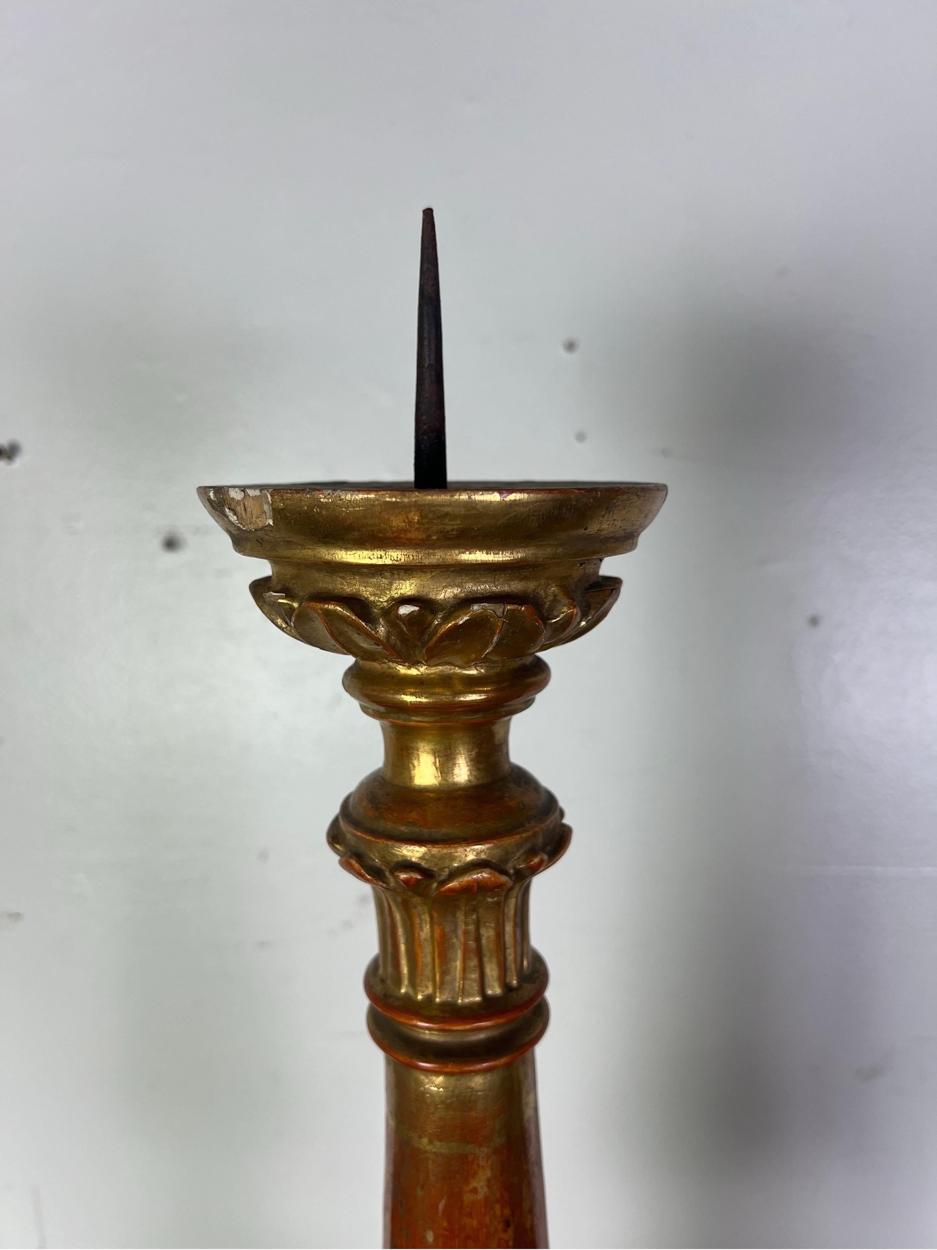 Giltwood Pair of 19th-Century Italian Gilt Wood Candlesticks w/ Prickets For Sale