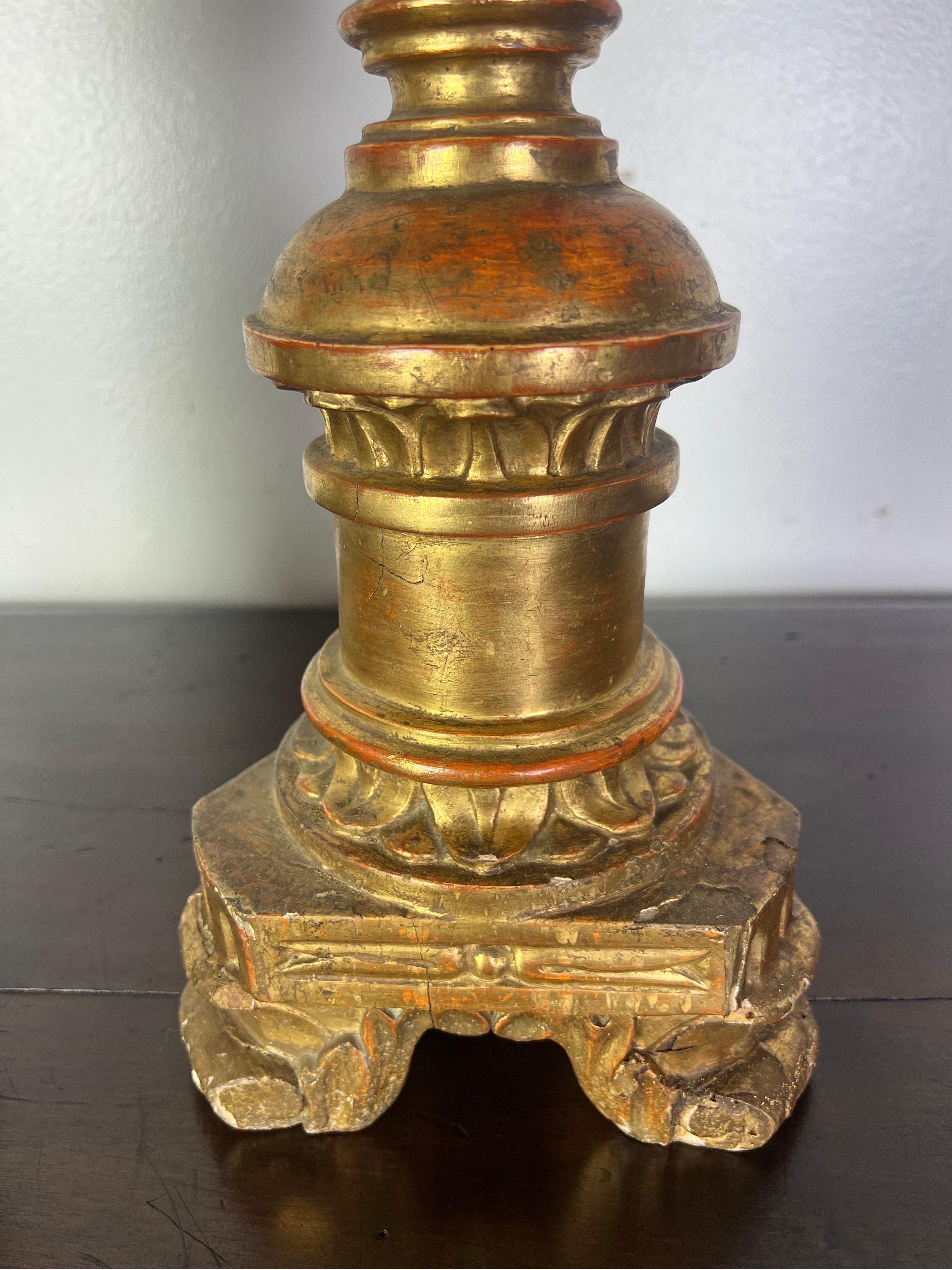 Pair of 19th-Century Italian Gilt Wood Candlesticks w/ Prickets For Sale 1