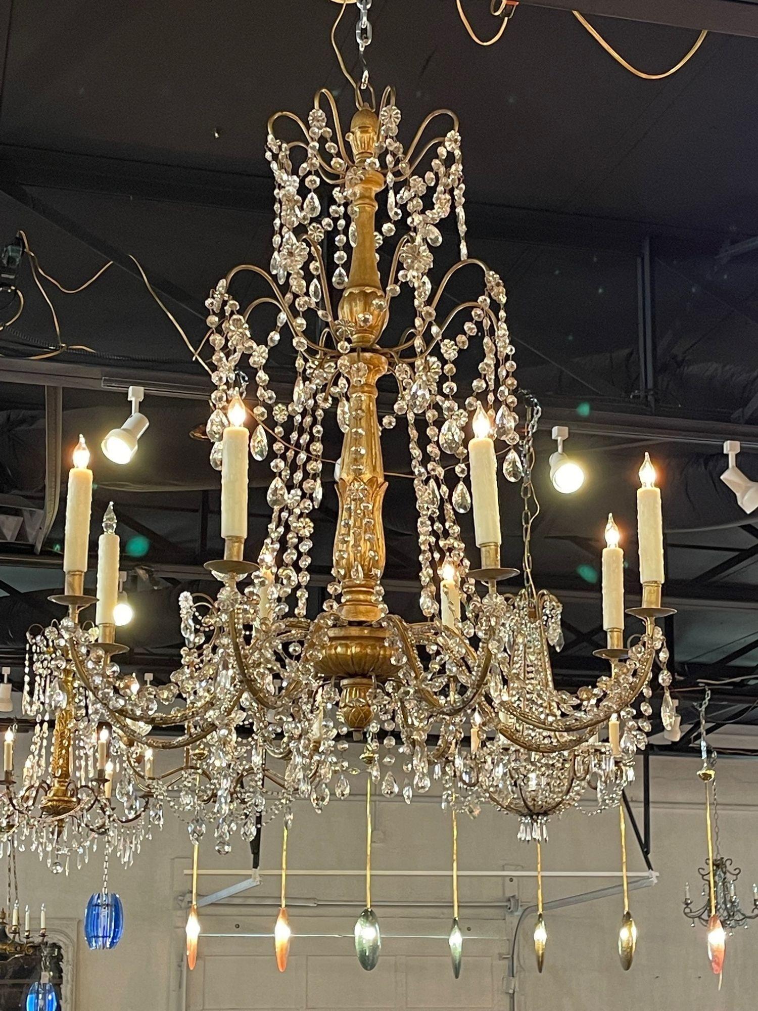 Pair of 19th Century Italian Giltwood and Crystal Chandeliers In Good Condition For Sale In Dallas, TX