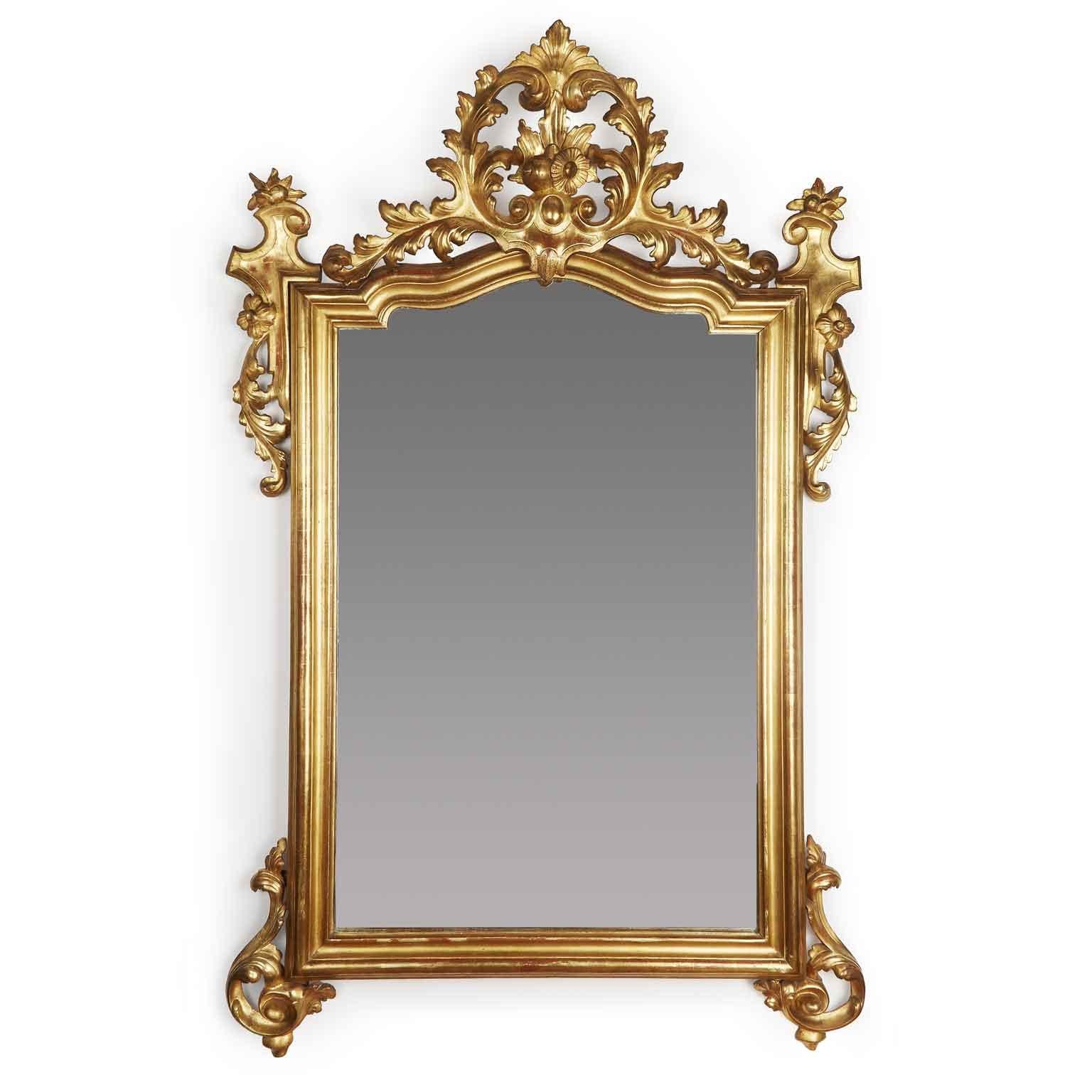 From Italy a stunning pair of Italian 19th century Louis Philippe Neapolitan mirrors, scrolling and floral carving and beautiful gilding, in good condition.
Each mirror has a straight bottom border and top shaped moulded giltwood frame. The frames