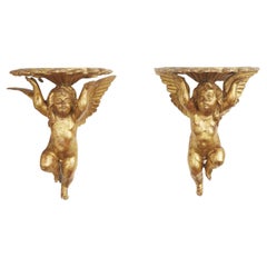 Pair of Giltwood Angels Shelves 19th Century Winged Cherubs Italian Brackets