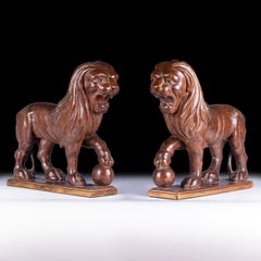 Pair of 19th Century Italian Grand Tour Carved Walnut Medici Lions on Plinths