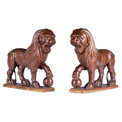 Pair of 19th Century Italian Grand Tour Carved Walnut Medici Lions on Plinths