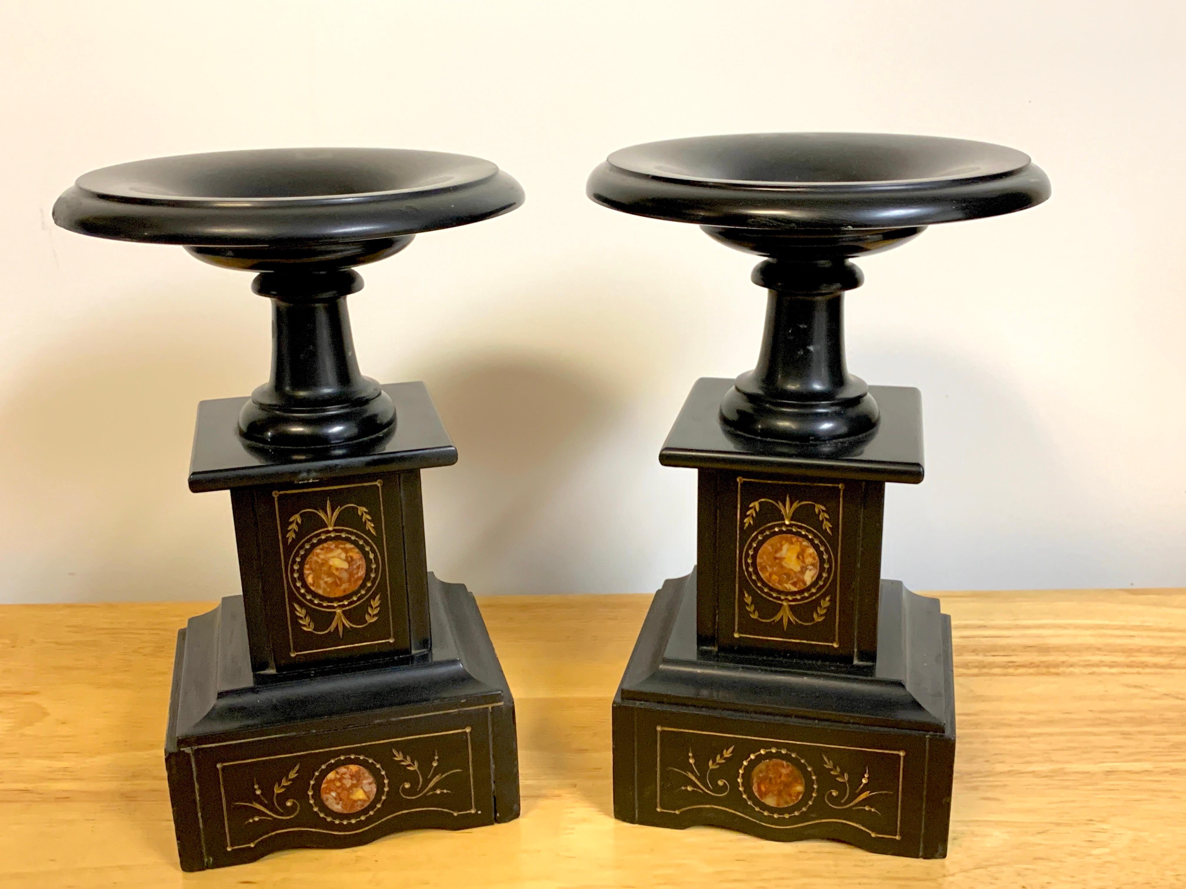 Inlay Pair of 19th Century Italian Grand Tour Inlaid Black Marble Tazza For Sale