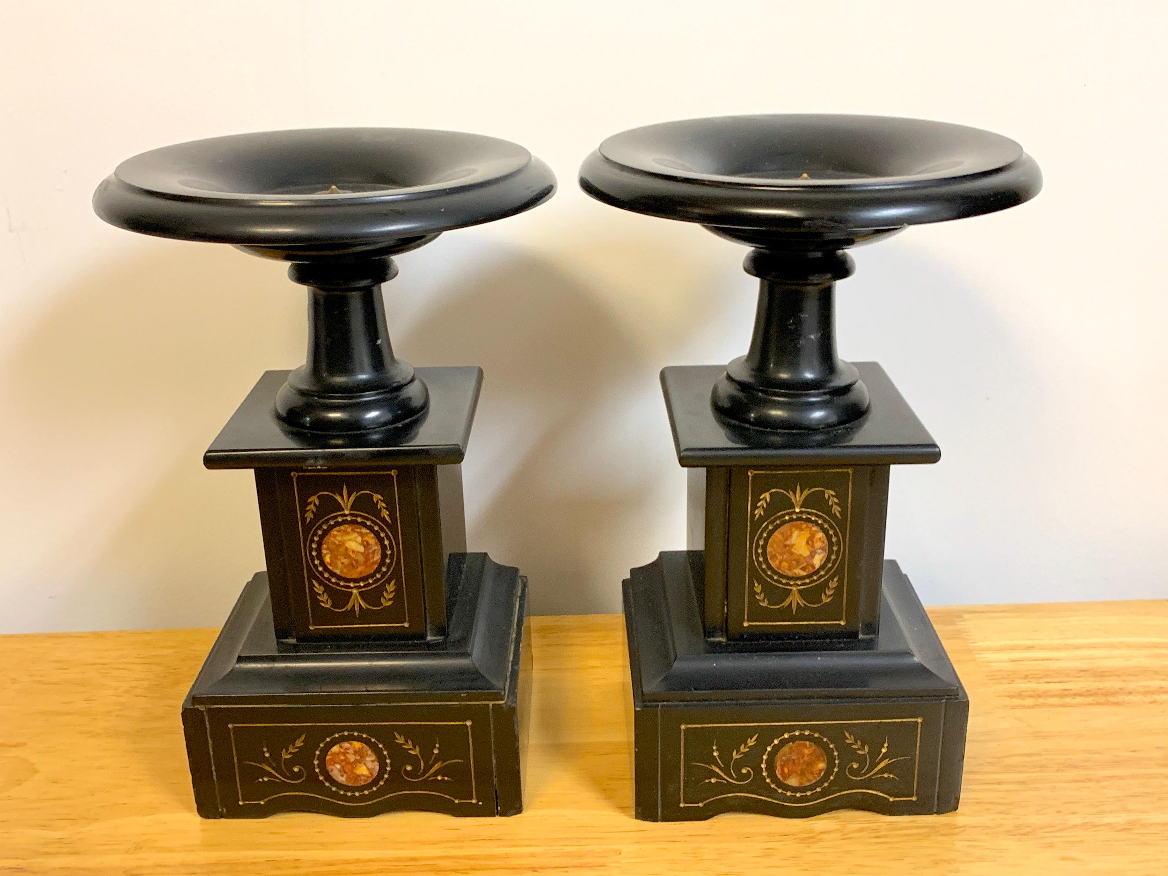 Pair of 19th Century Italian Grand Tour Inlaid Black Marble Tazza In Good Condition For Sale In West Palm Beach, FL