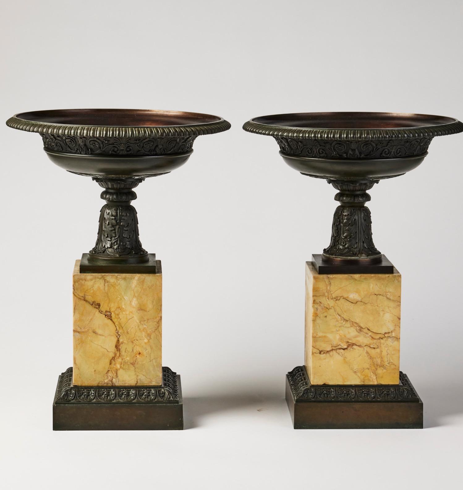 Cast Pair of 19th Century Italian Grand Tour Tazzas on Sienna Marble Bases For Sale