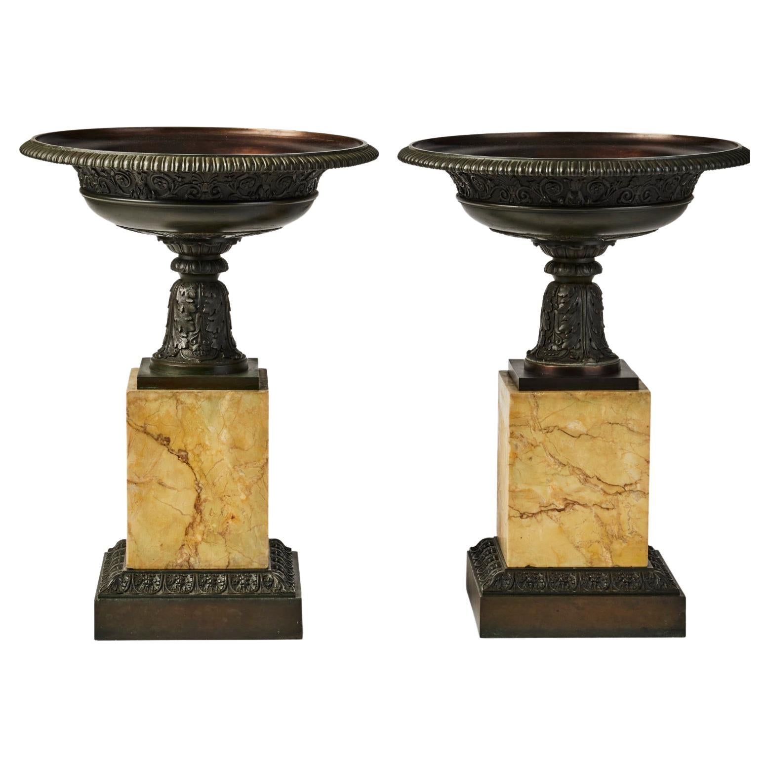 Pair of 19th Century Italian Grand Tour Tazzas on Sienna Marble Bases For Sale